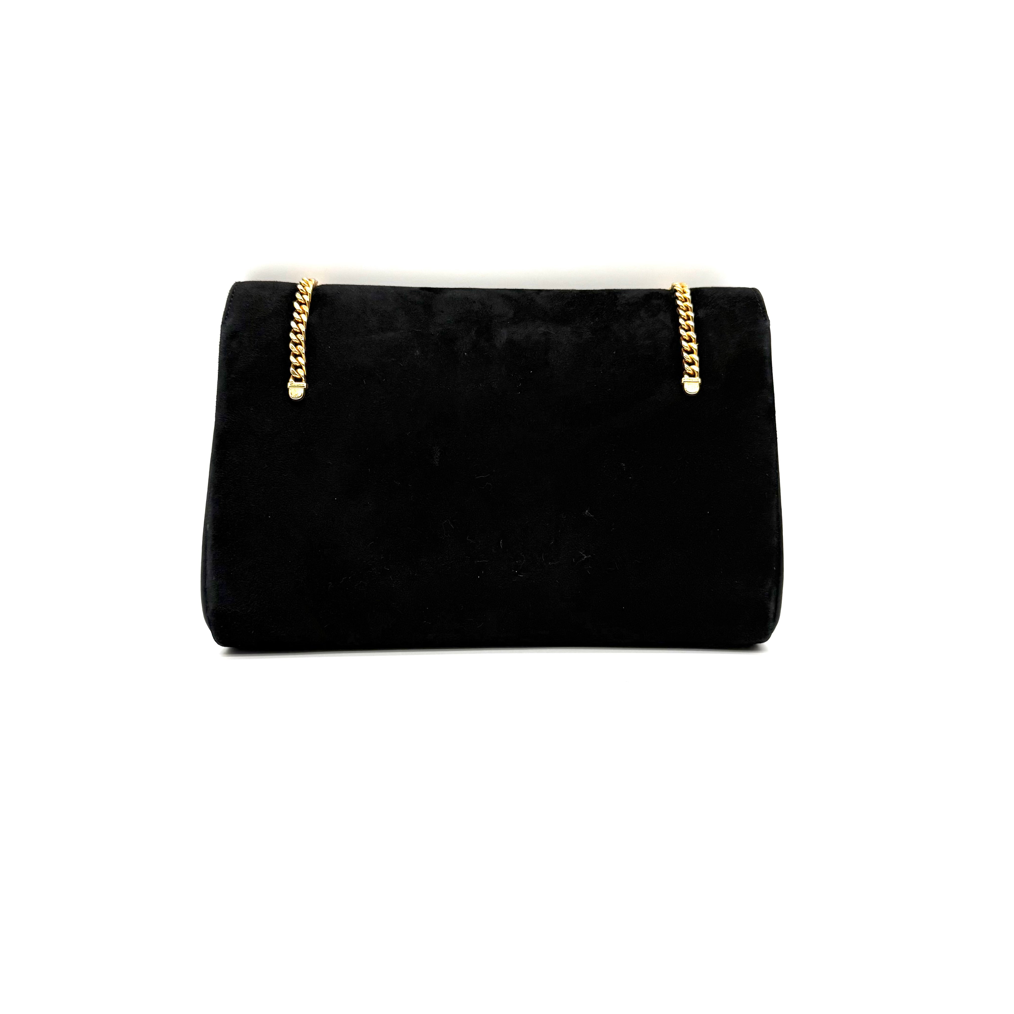 Gucci | Black Suede Flap Clutch | Woven Chain Strap | Gold Hardware