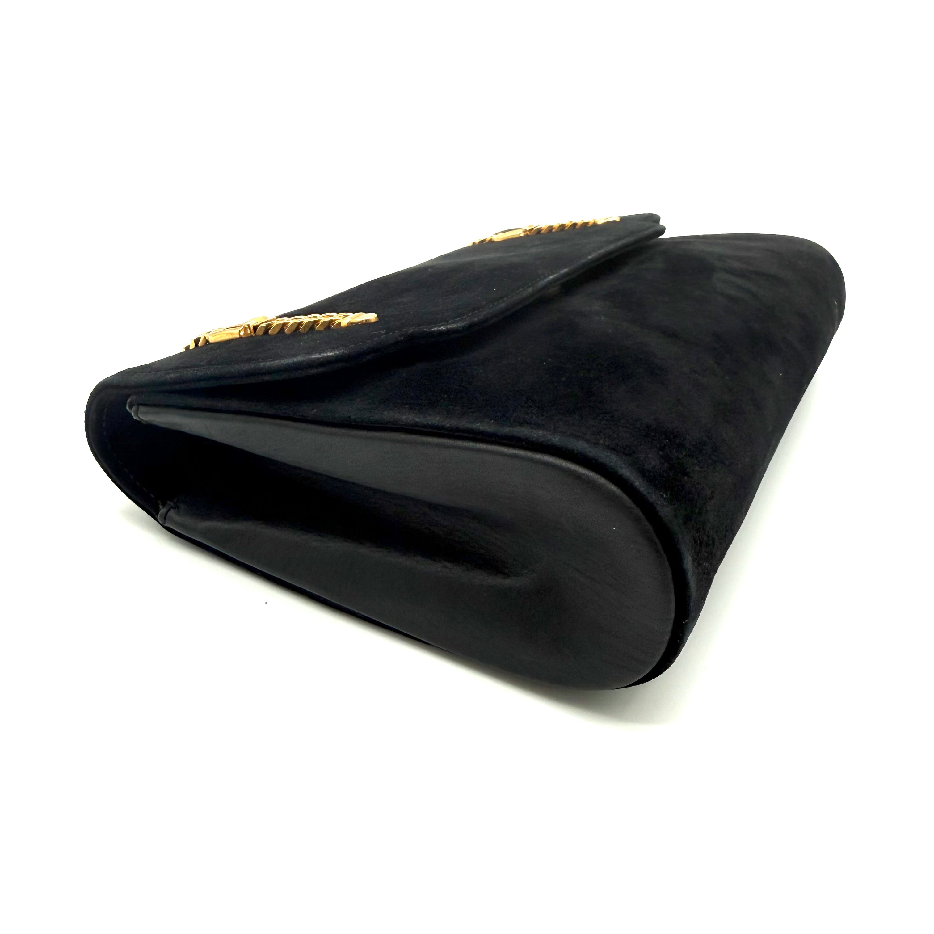 Gucci | Black Suede Flap Clutch | Woven Chain Strap | Gold Hardware