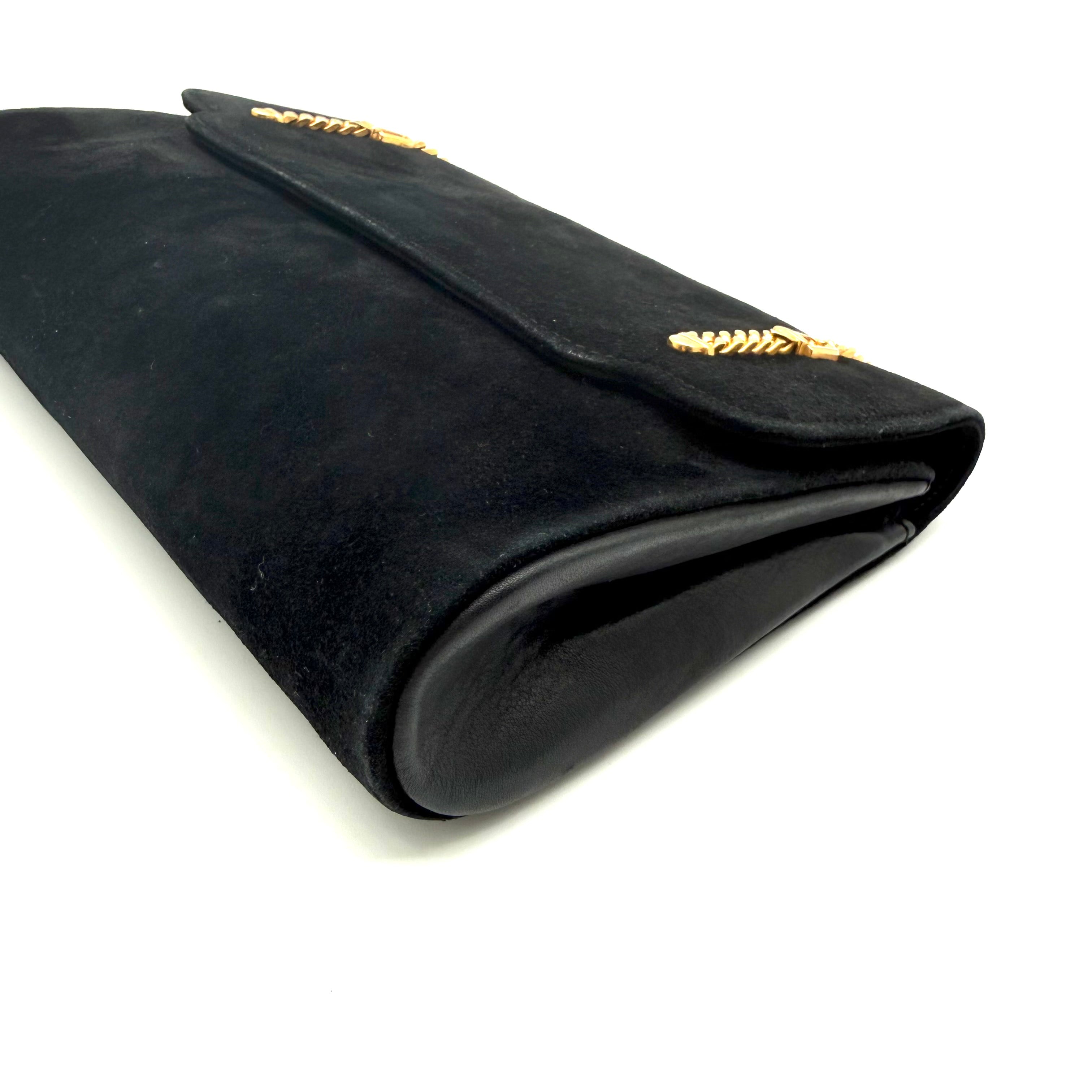 Gucci | Black Suede Flap Clutch | Woven Chain Strap | Gold Hardware