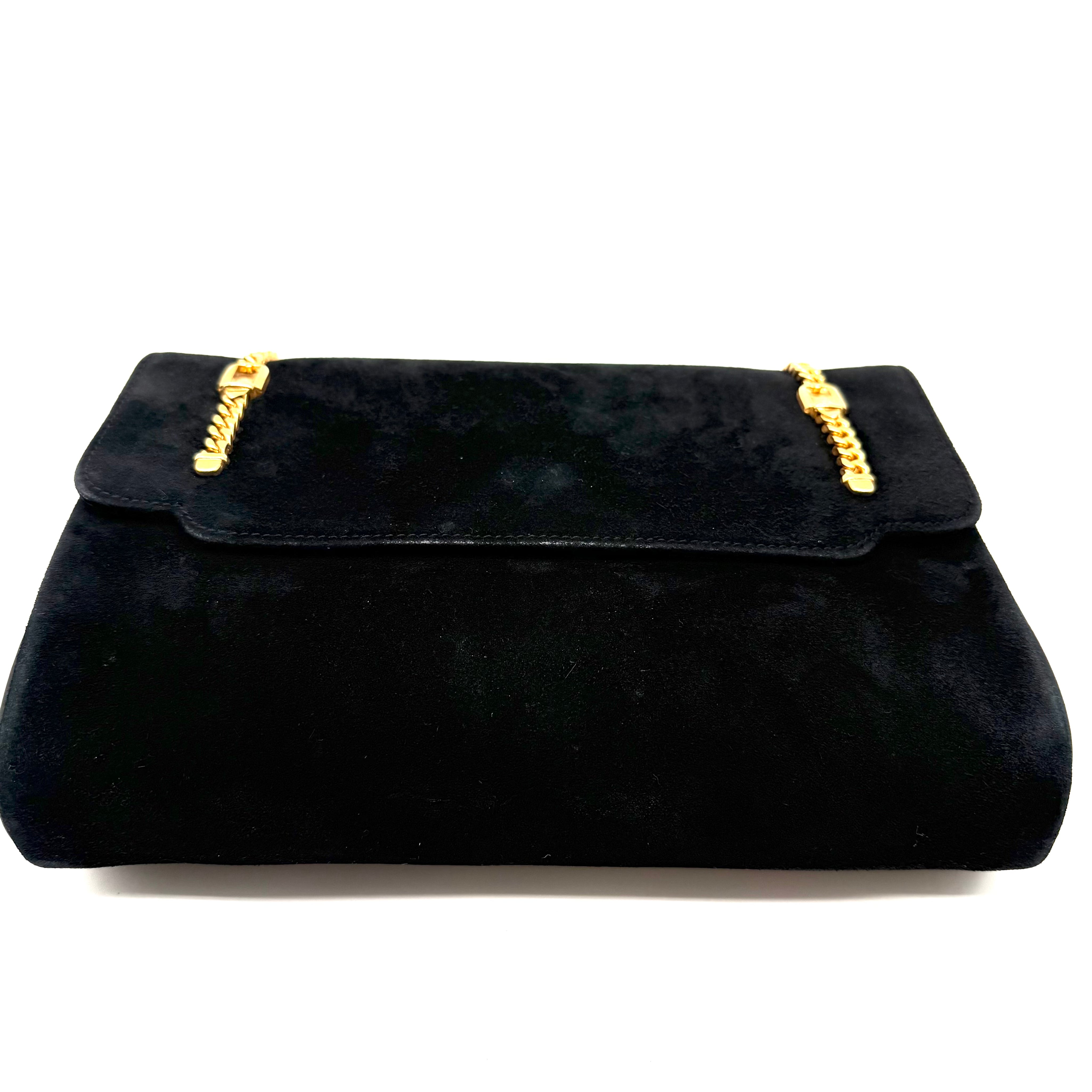 Gucci | Black Suede Flap Clutch | Woven Chain Strap | Gold Hardware