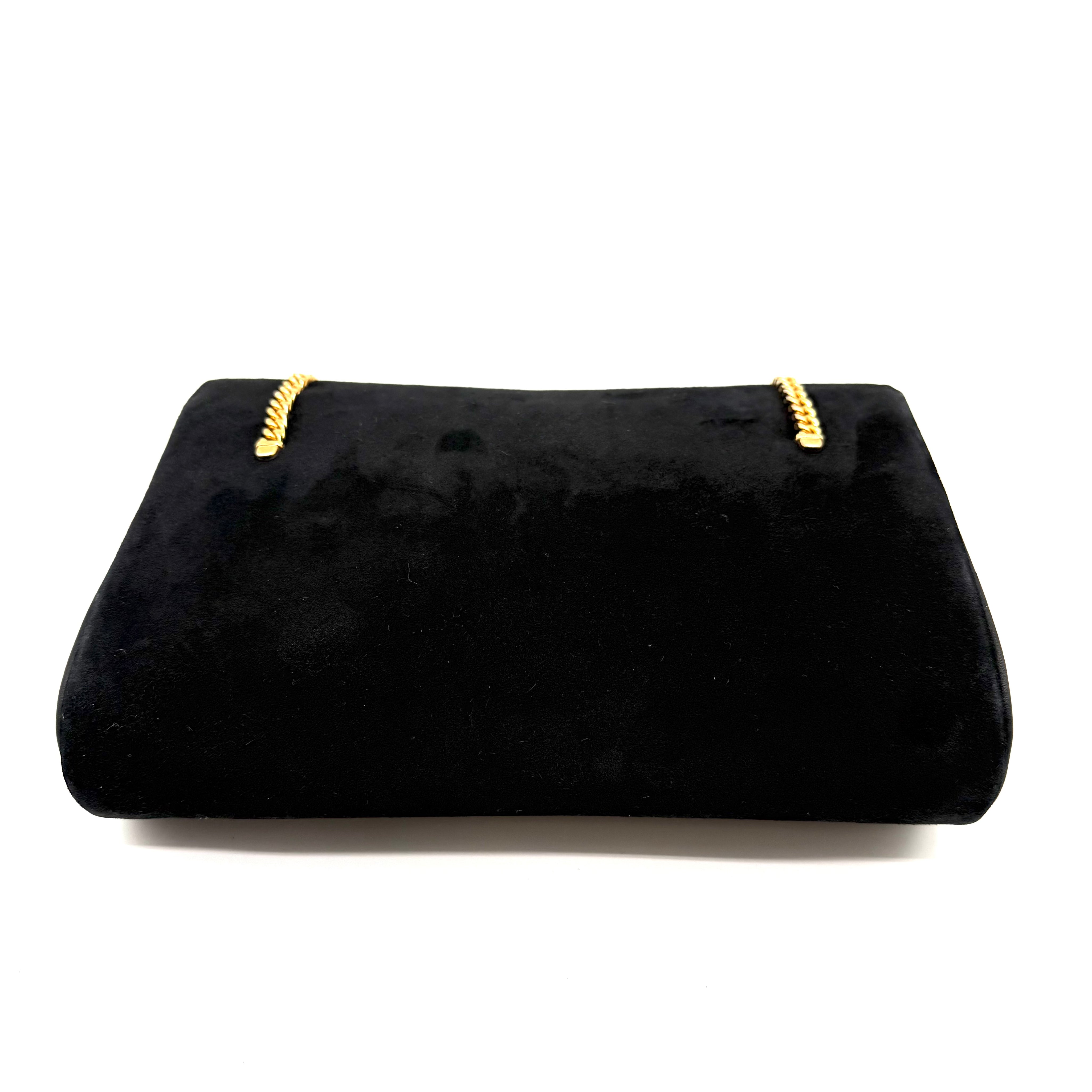 Gucci | Black Suede Flap Clutch | Woven Chain Strap | Gold Hardware
