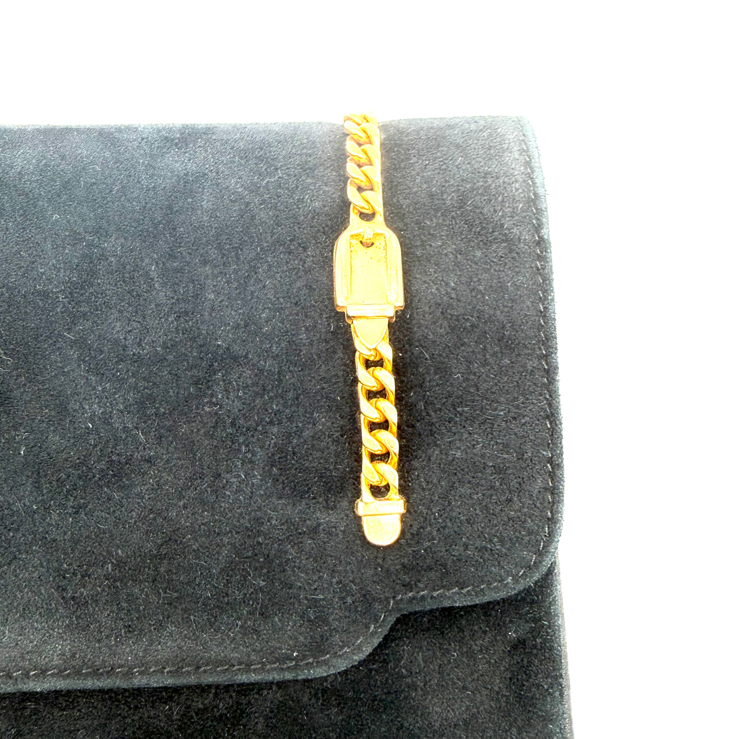 Gucci | Black Suede Flap Clutch | Woven Chain Strap | Gold Hardware