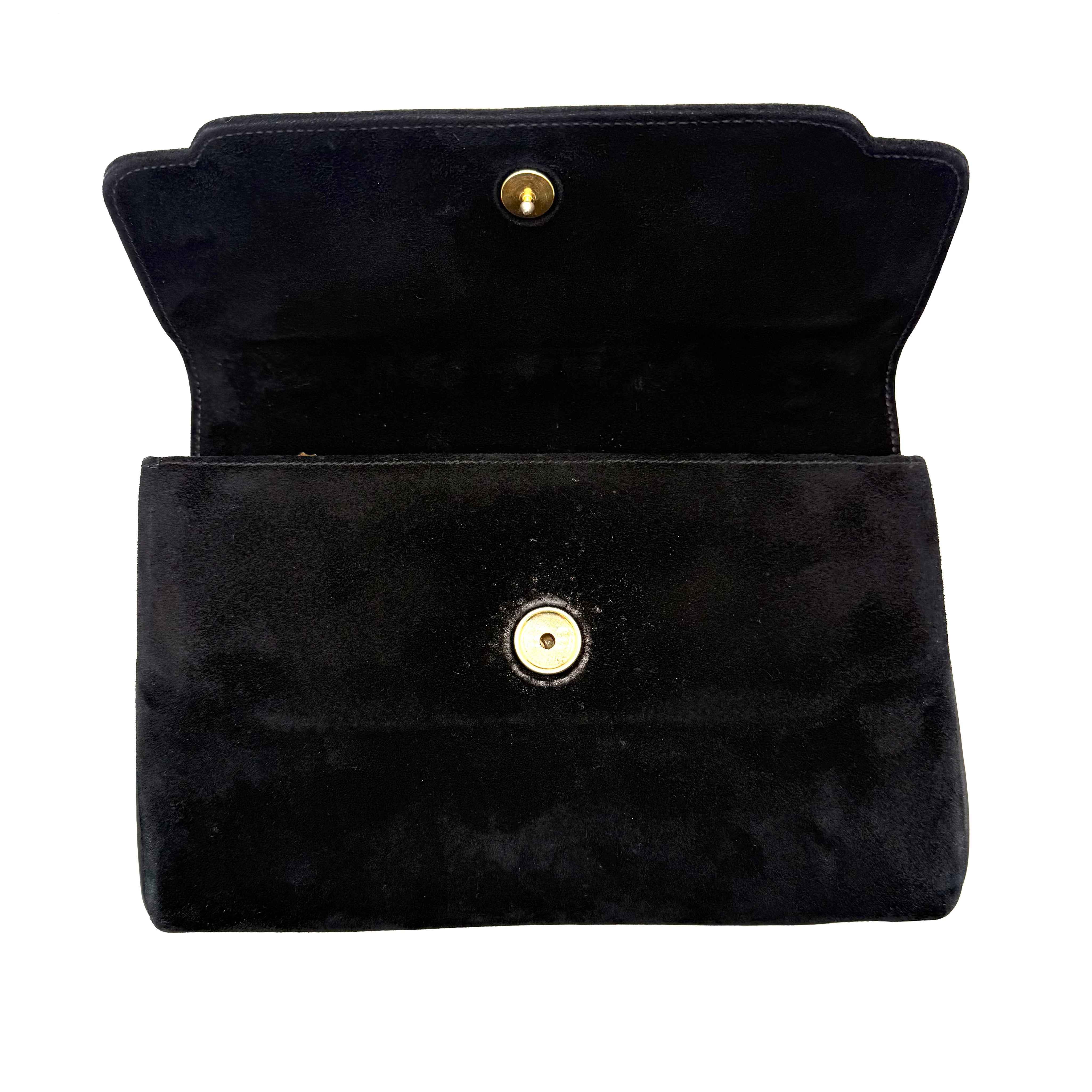 Gucci | Black Suede Flap Clutch | Woven Chain Strap | Gold Hardware