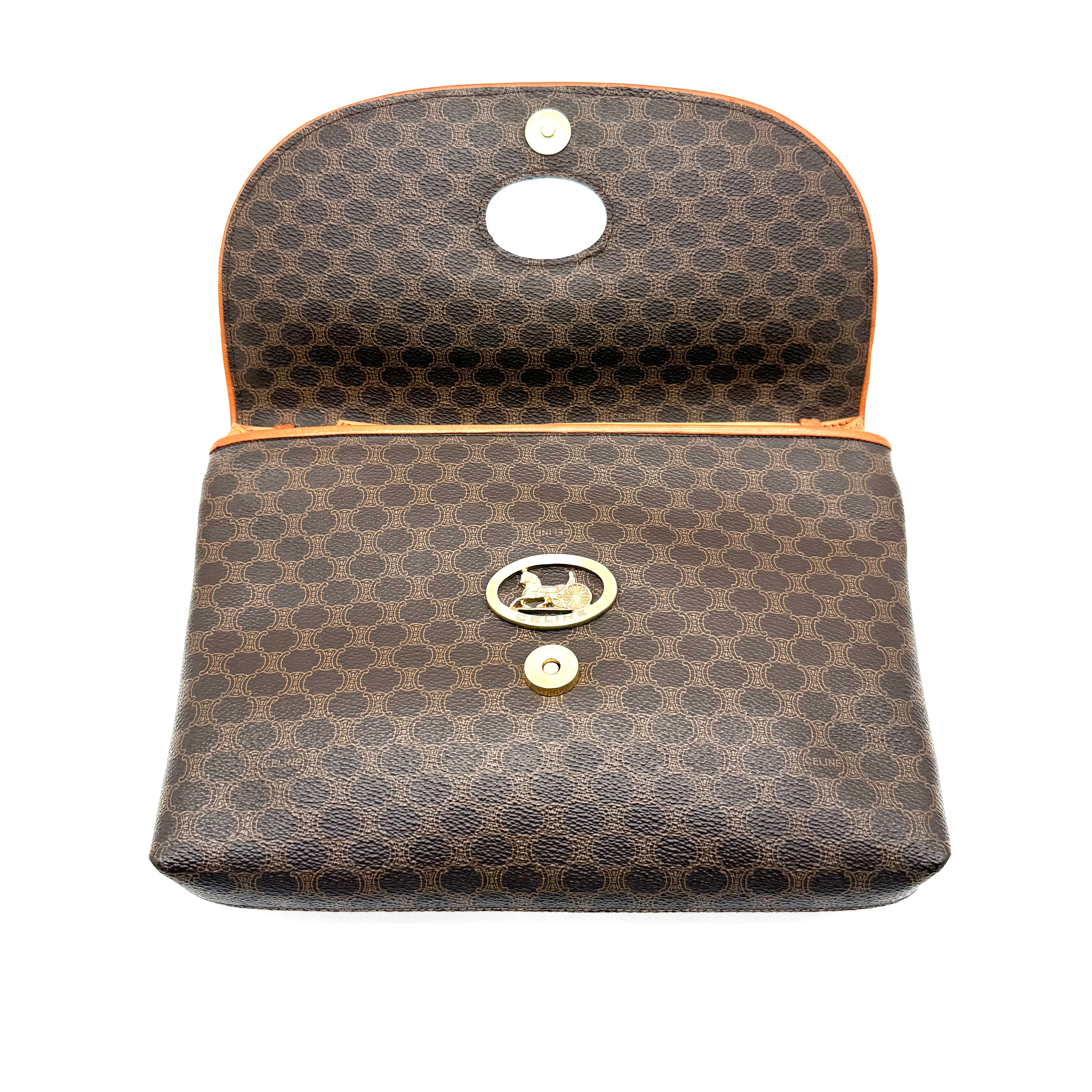 Céline | Macadam Canvas Flap Crossbody | Adjustable Leather Strap | Gold Hardware