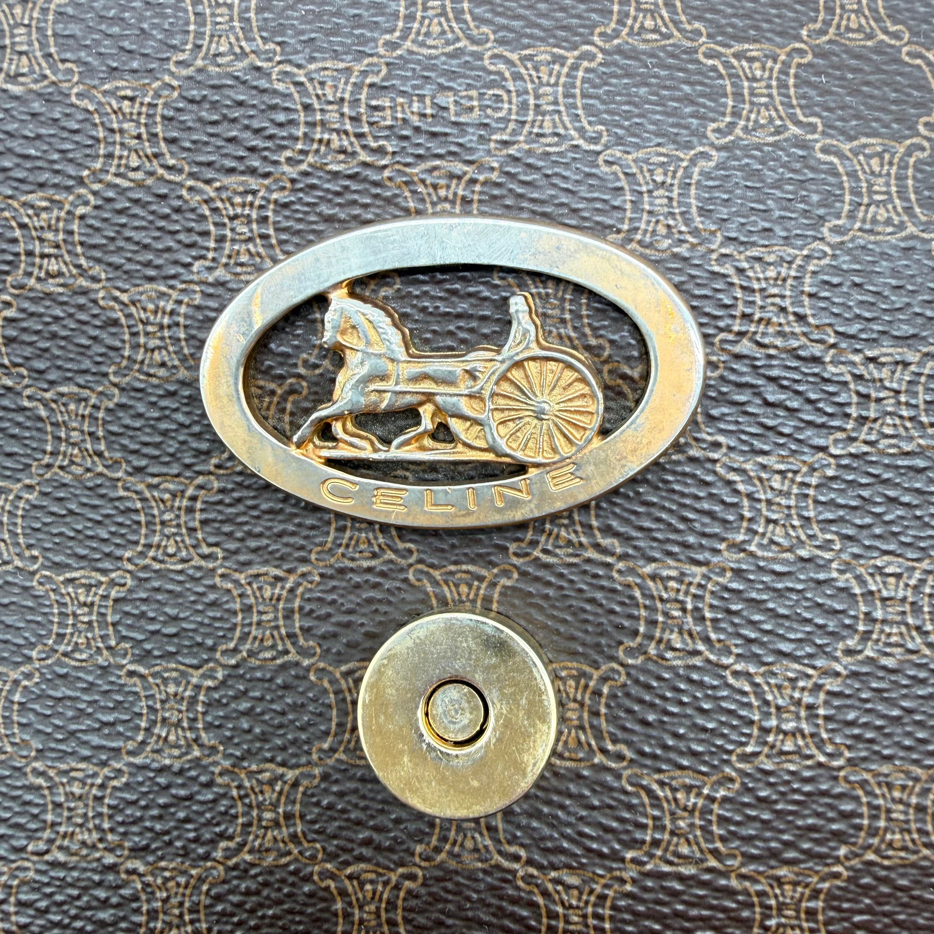 Céline | Macadam Canvas Flap Crossbody | Adjustable Leather Strap | Gold Hardware