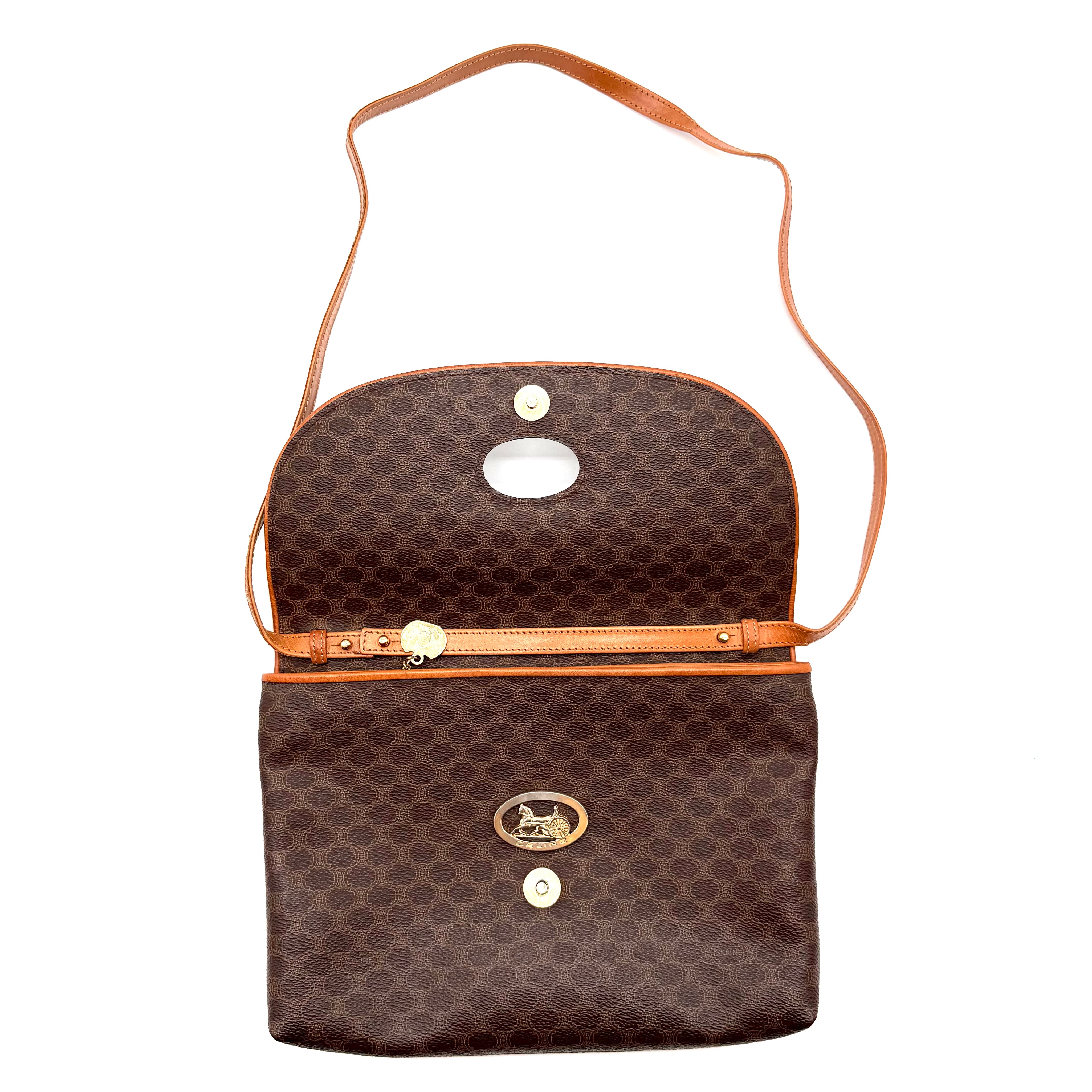 Céline | Macadam Canvas Flap Crossbody | Adjustable Leather Strap | Gold Hardware