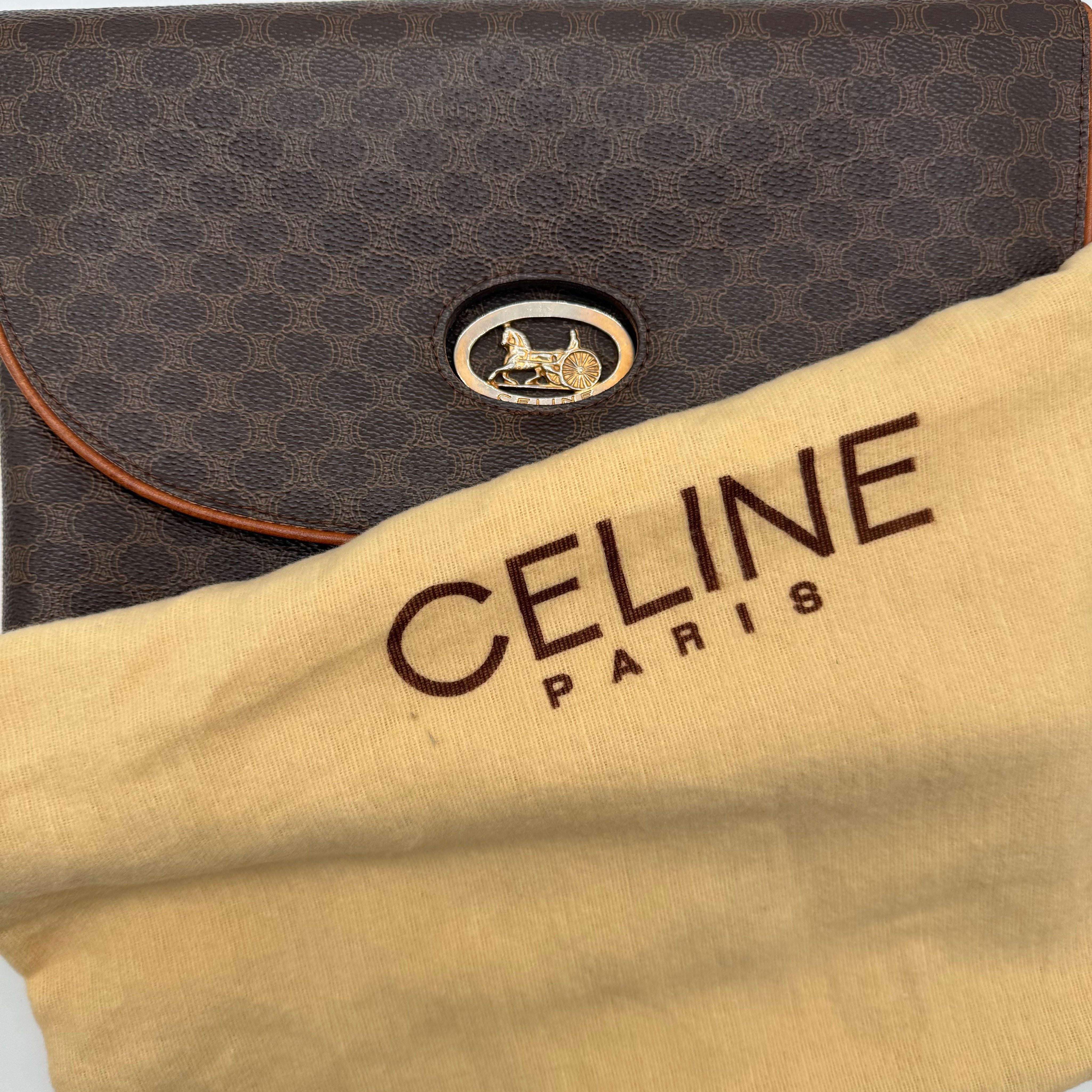 Céline | Macadam Canvas Flap Crossbody | Adjustable Leather Strap | Gold Hardware