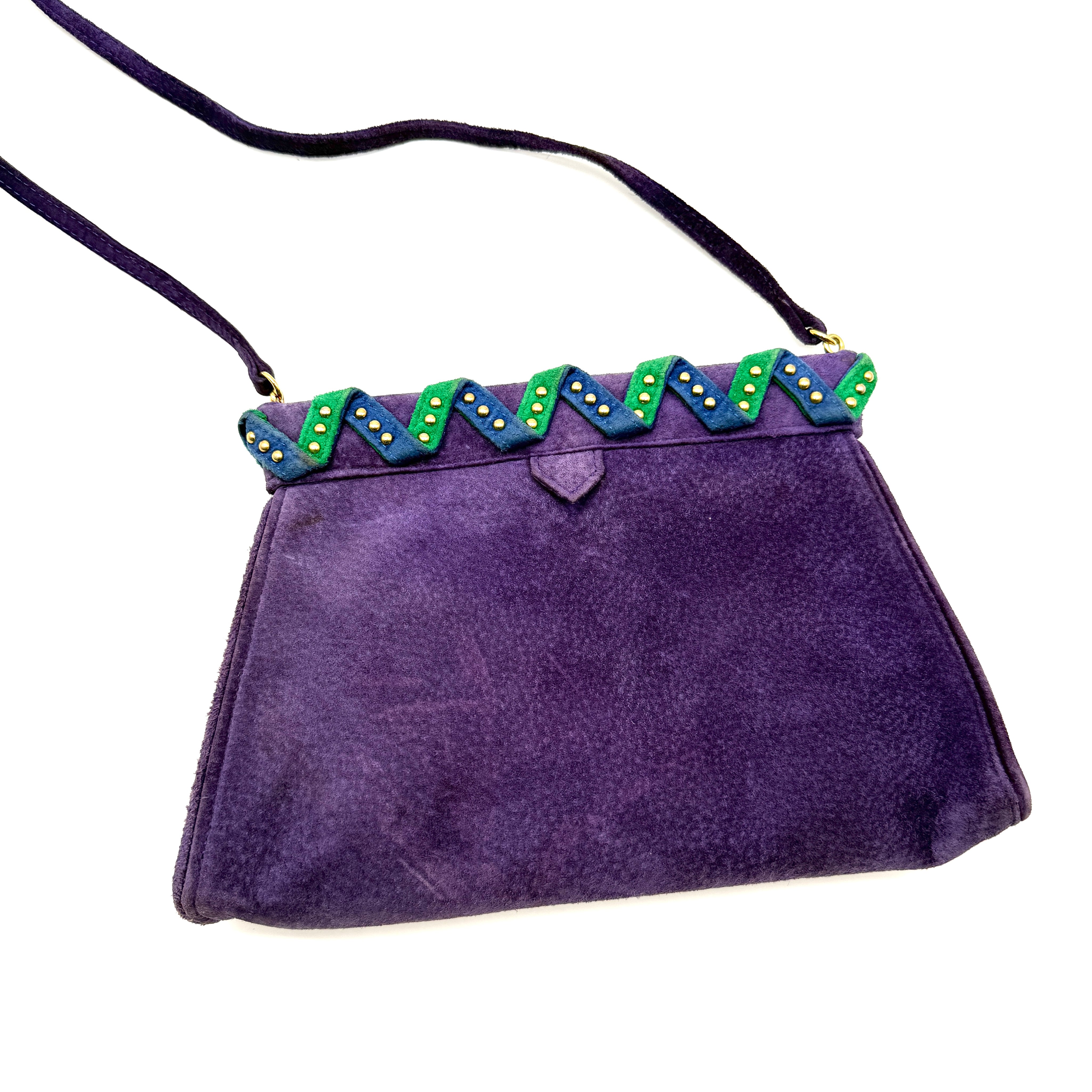 YSL | Purple Suede Zigzag Shoulder Bag | Woven Chevron Trim | Gold Hardware