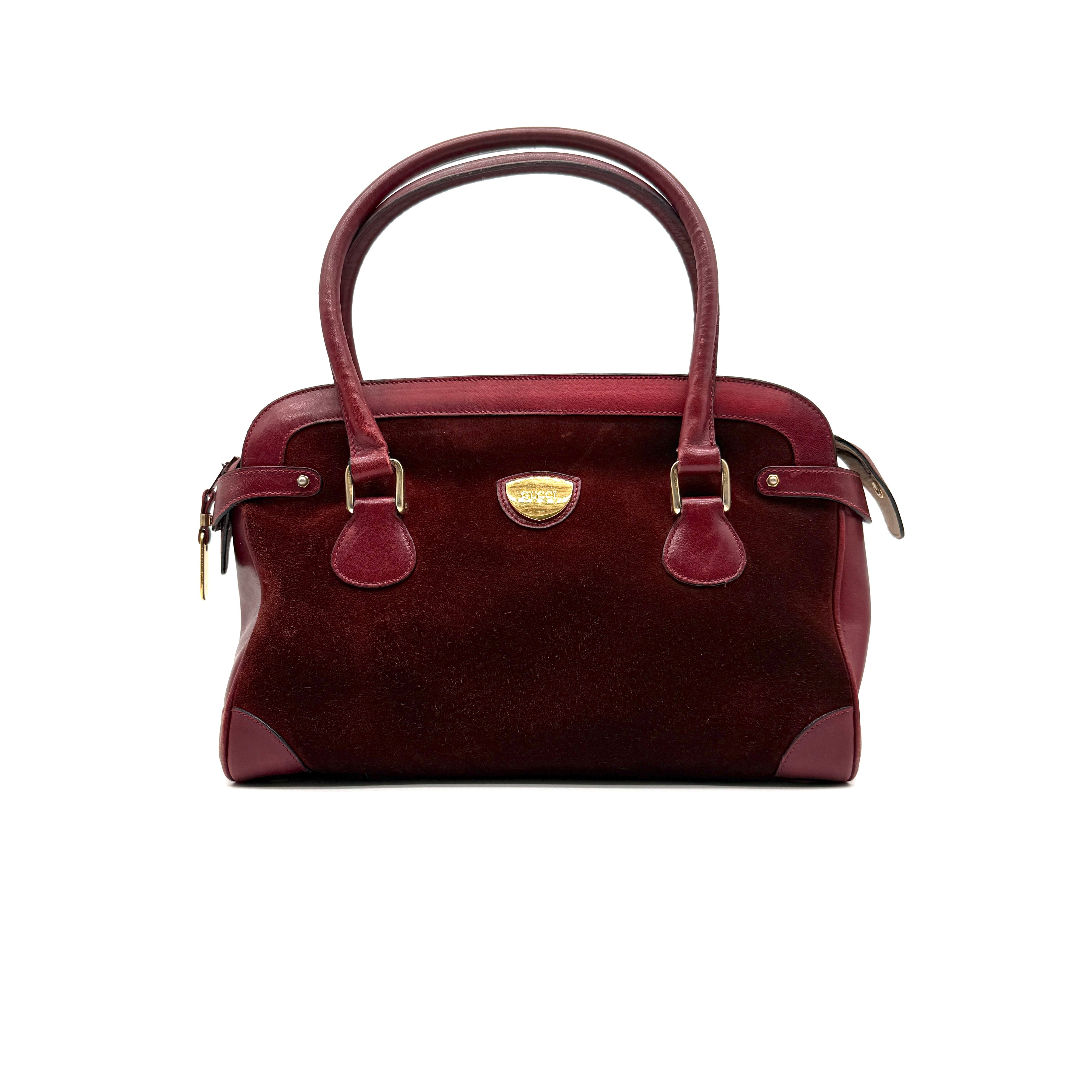 Gucci |  Vintage Burgundy Suede & Leather Top Handle Bag | Gold GG Shield Hardware