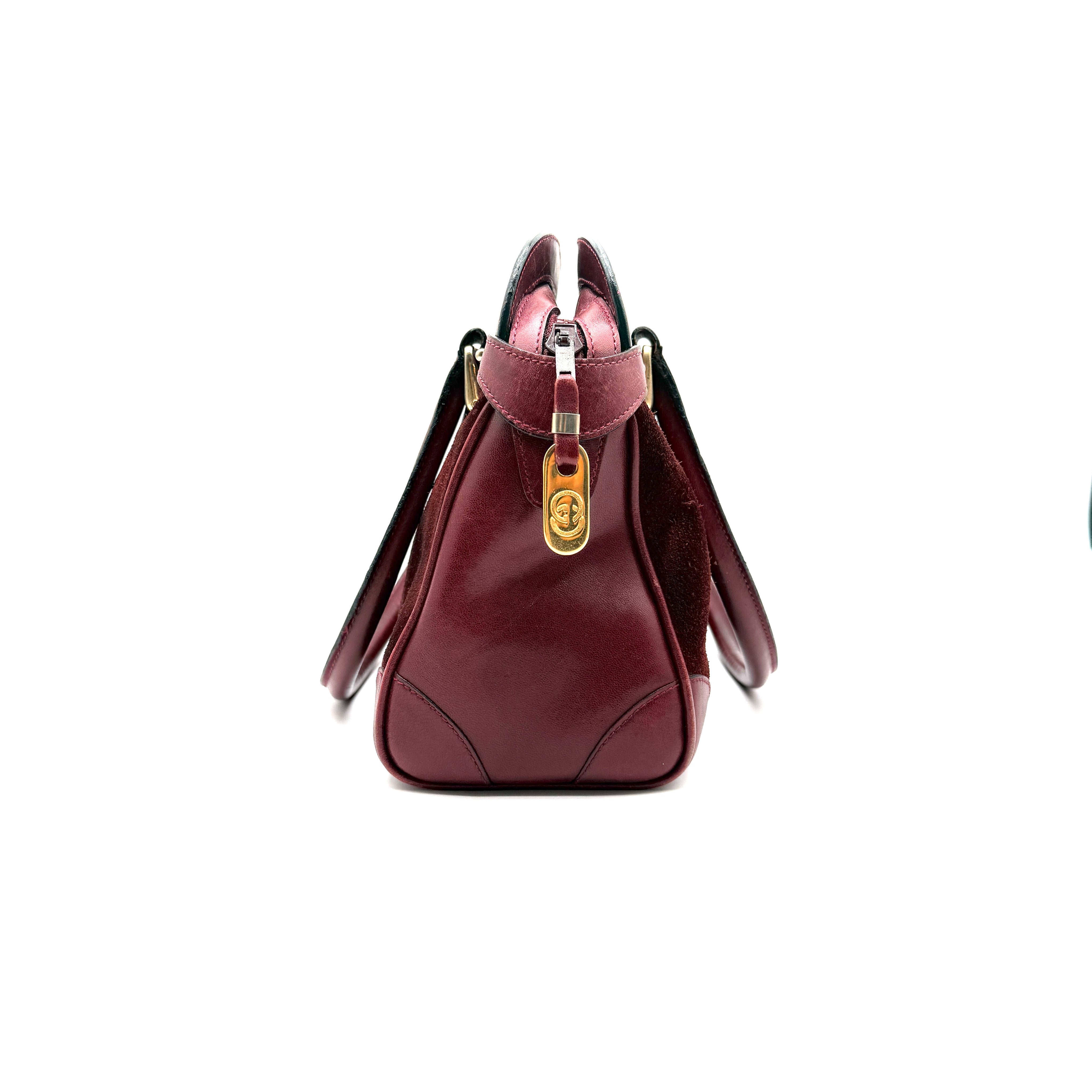 Gucci |  Vintage Burgundy Suede & Leather Top Handle Bag | Gold GG Shield Hardware