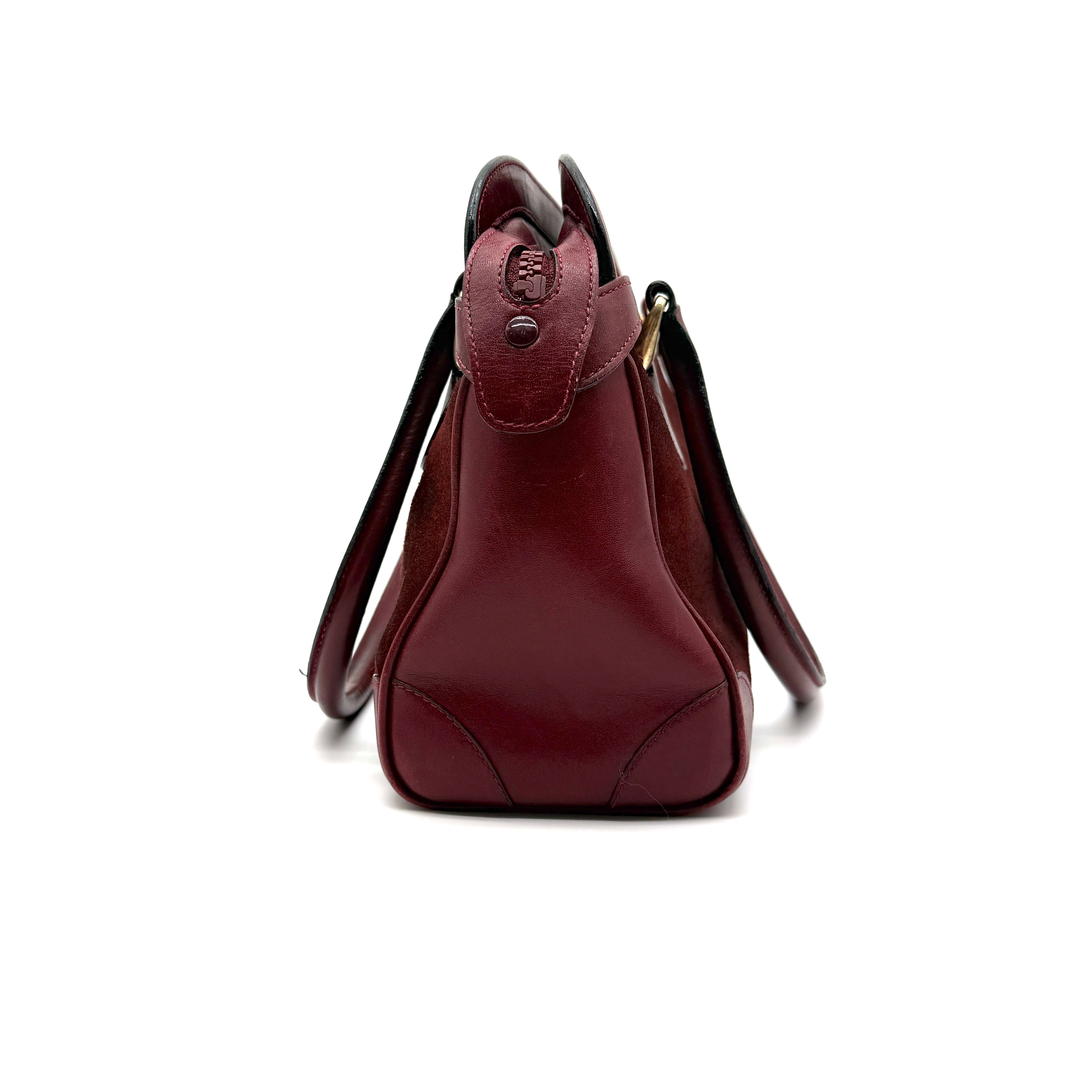 Gucci |  Vintage Burgundy Suede & Leather Top Handle Bag | Gold GG Shield Hardware