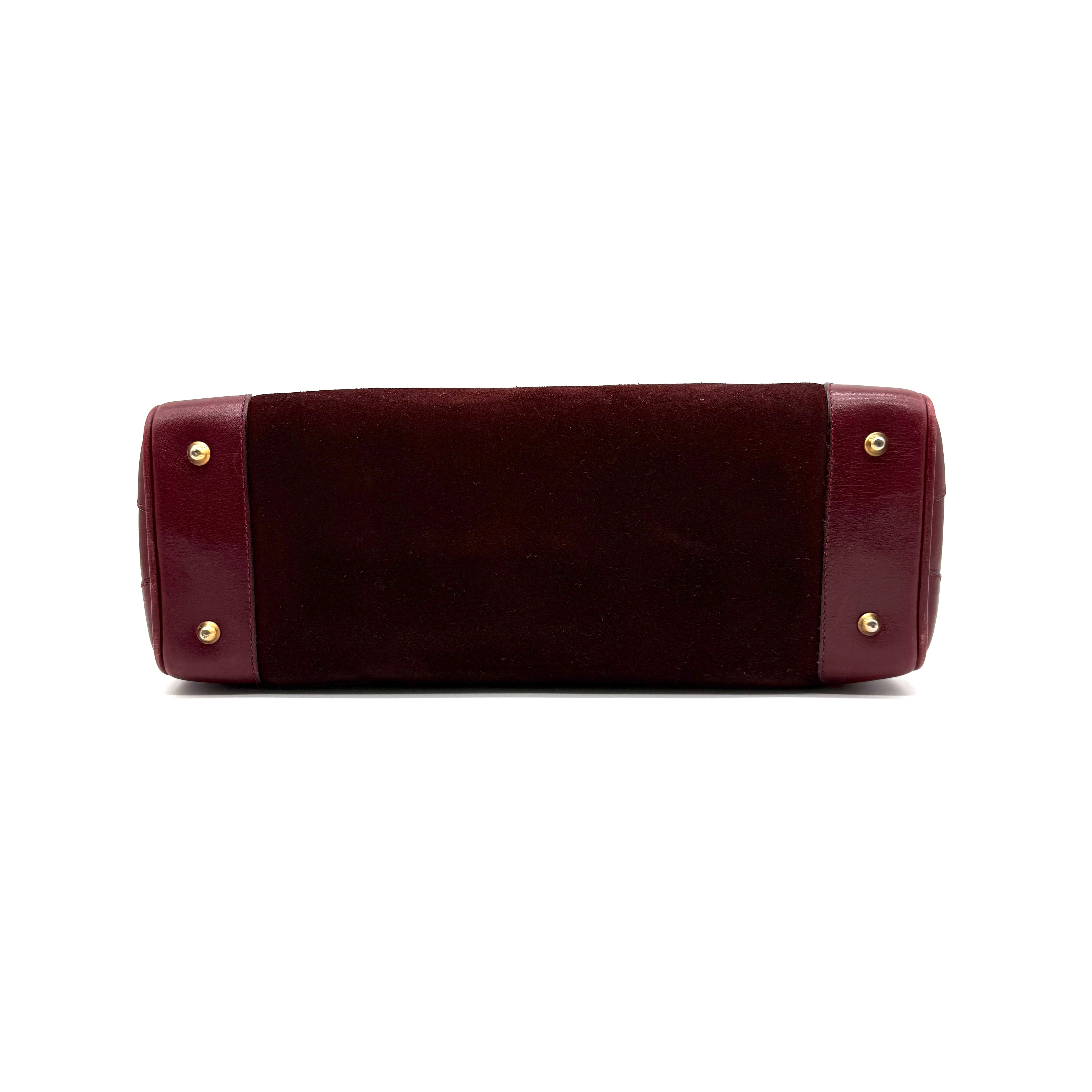 Gucci |  Vintage Burgundy Suede & Leather Top Handle Bag | Gold GG Shield Hardware