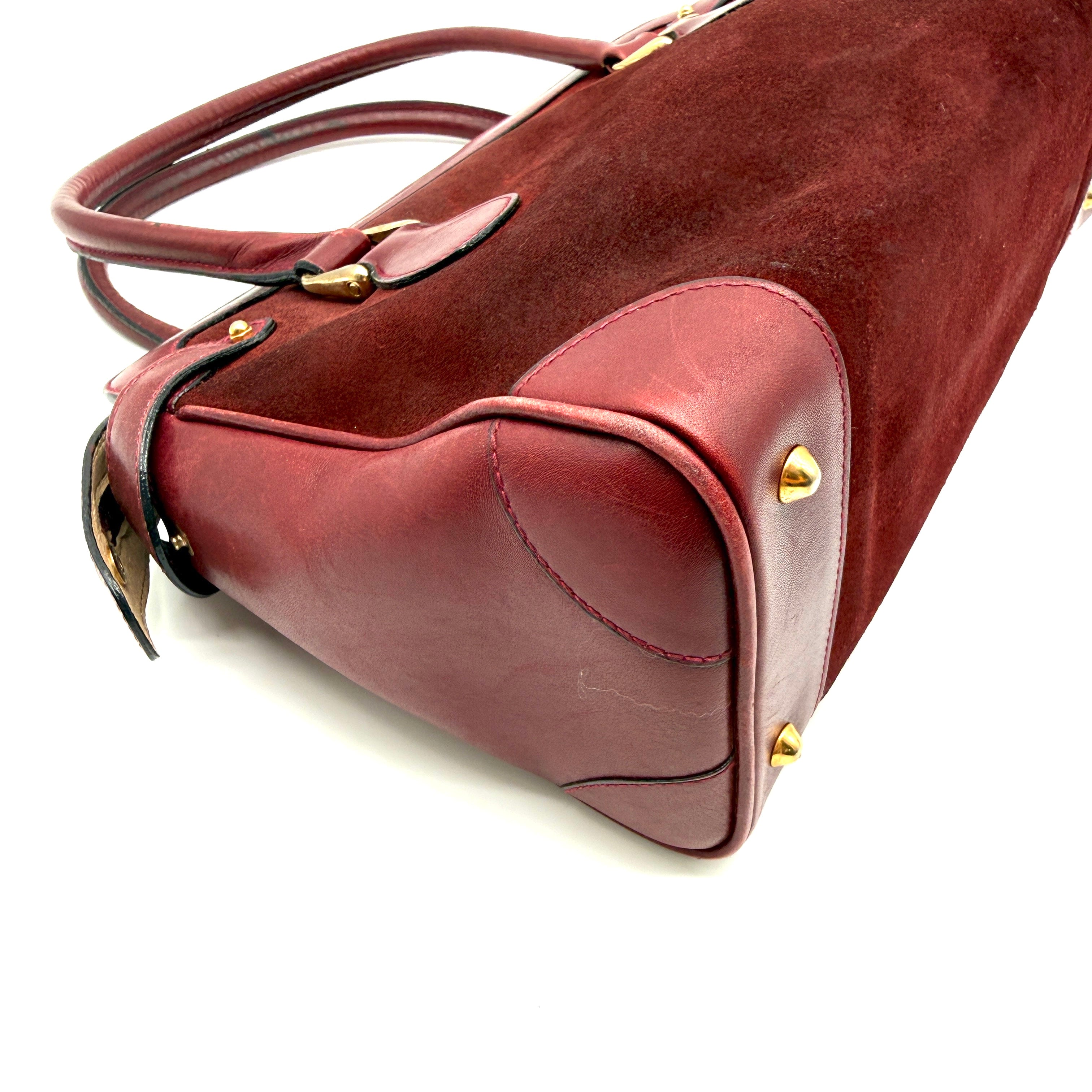 Gucci |  Vintage Burgundy Suede & Leather Top Handle Bag | Gold GG Shield Hardware