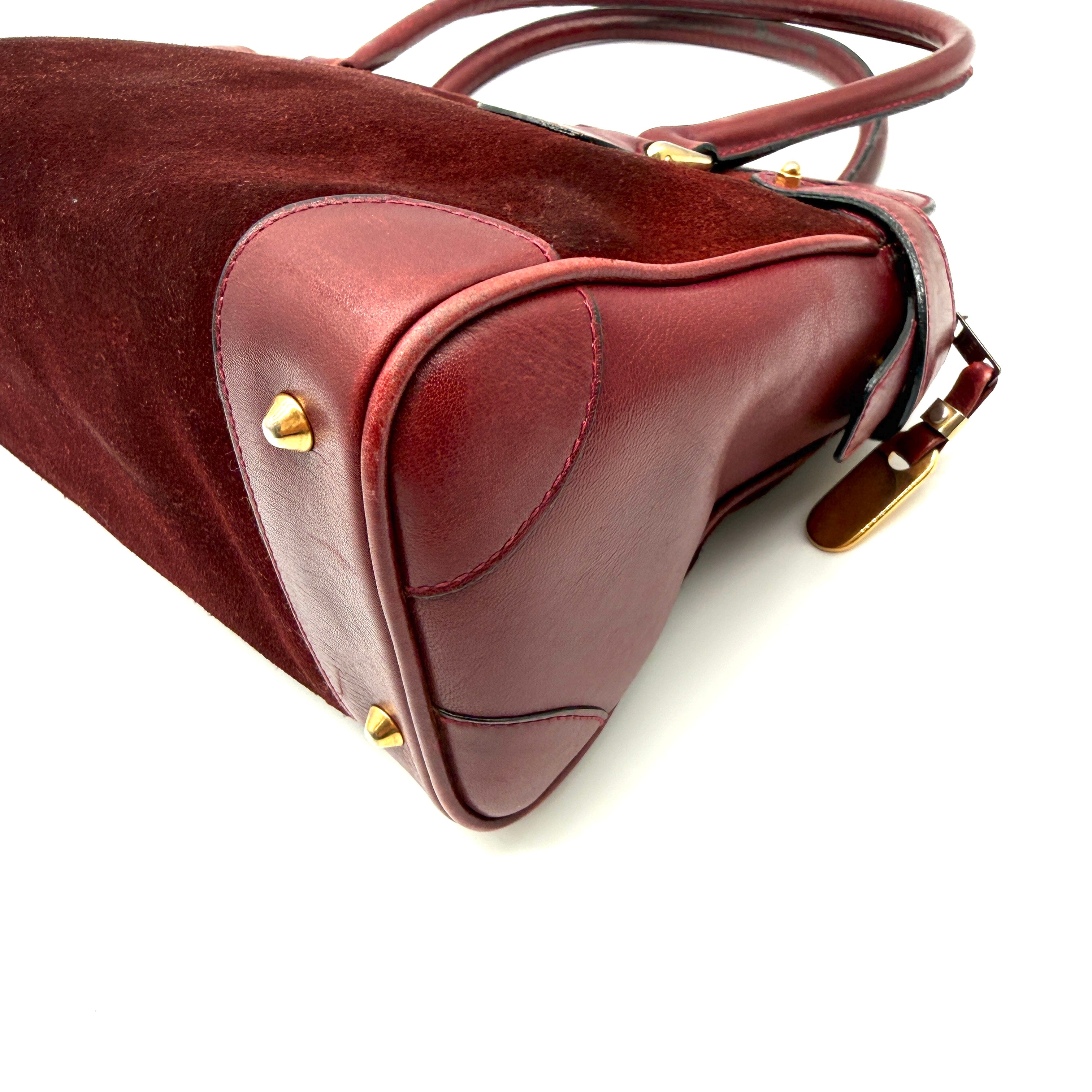 Gucci |  Vintage Burgundy Suede & Leather Top Handle Bag | Gold GG Shield Hardware