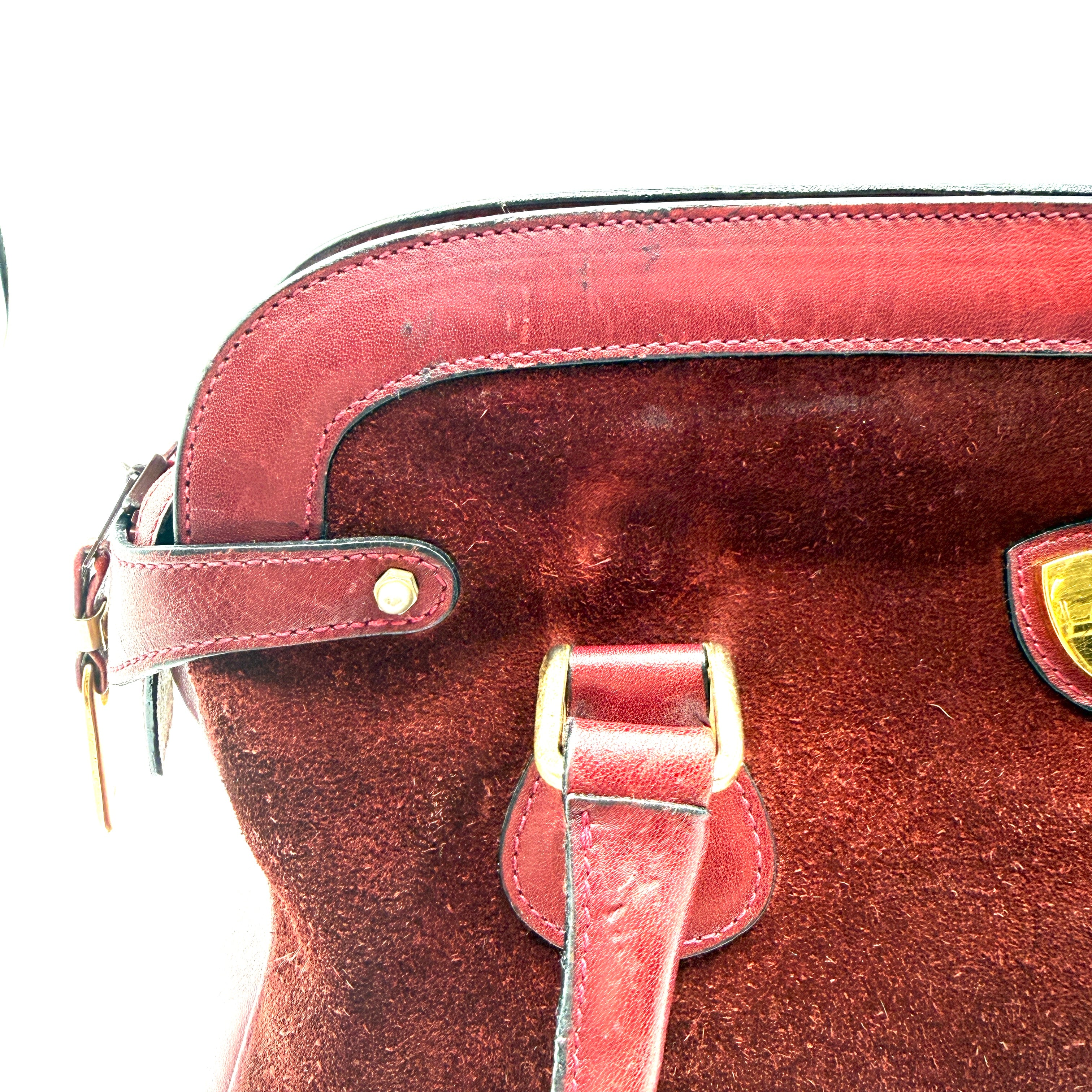 Gucci |  Vintage Burgundy Suede & Leather Top Handle Bag | Gold GG Shield Hardware