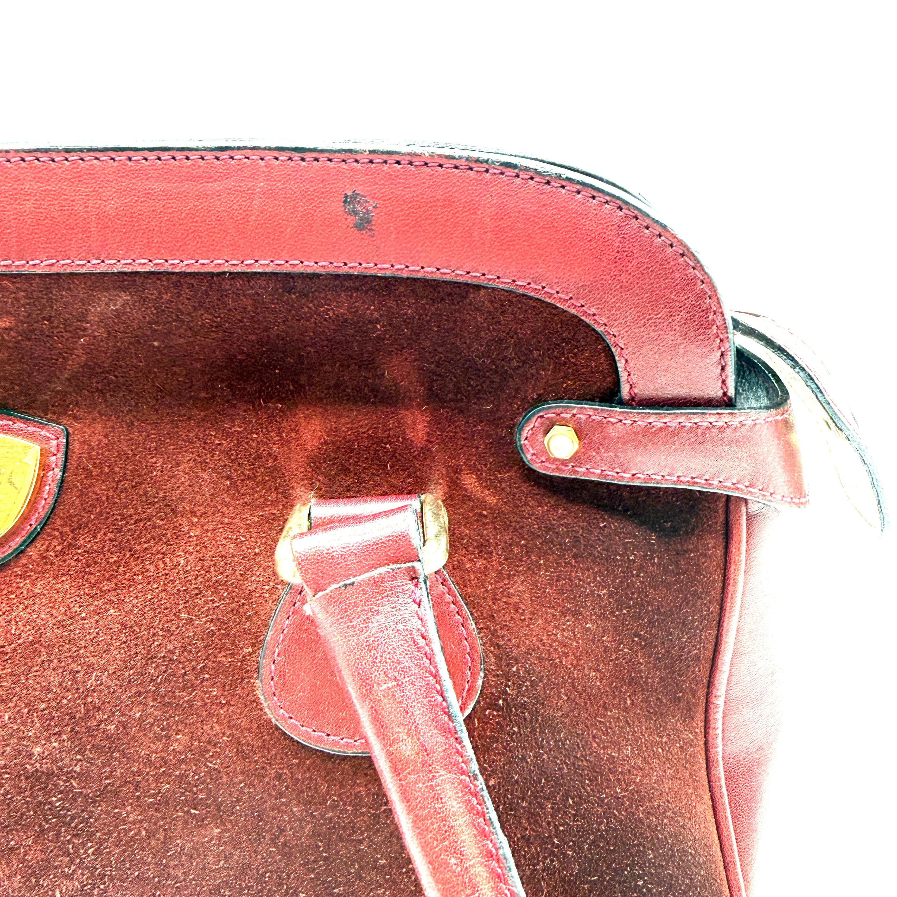 Gucci |  Vintage Burgundy Suede & Leather Top Handle Bag | Gold GG Shield Hardware