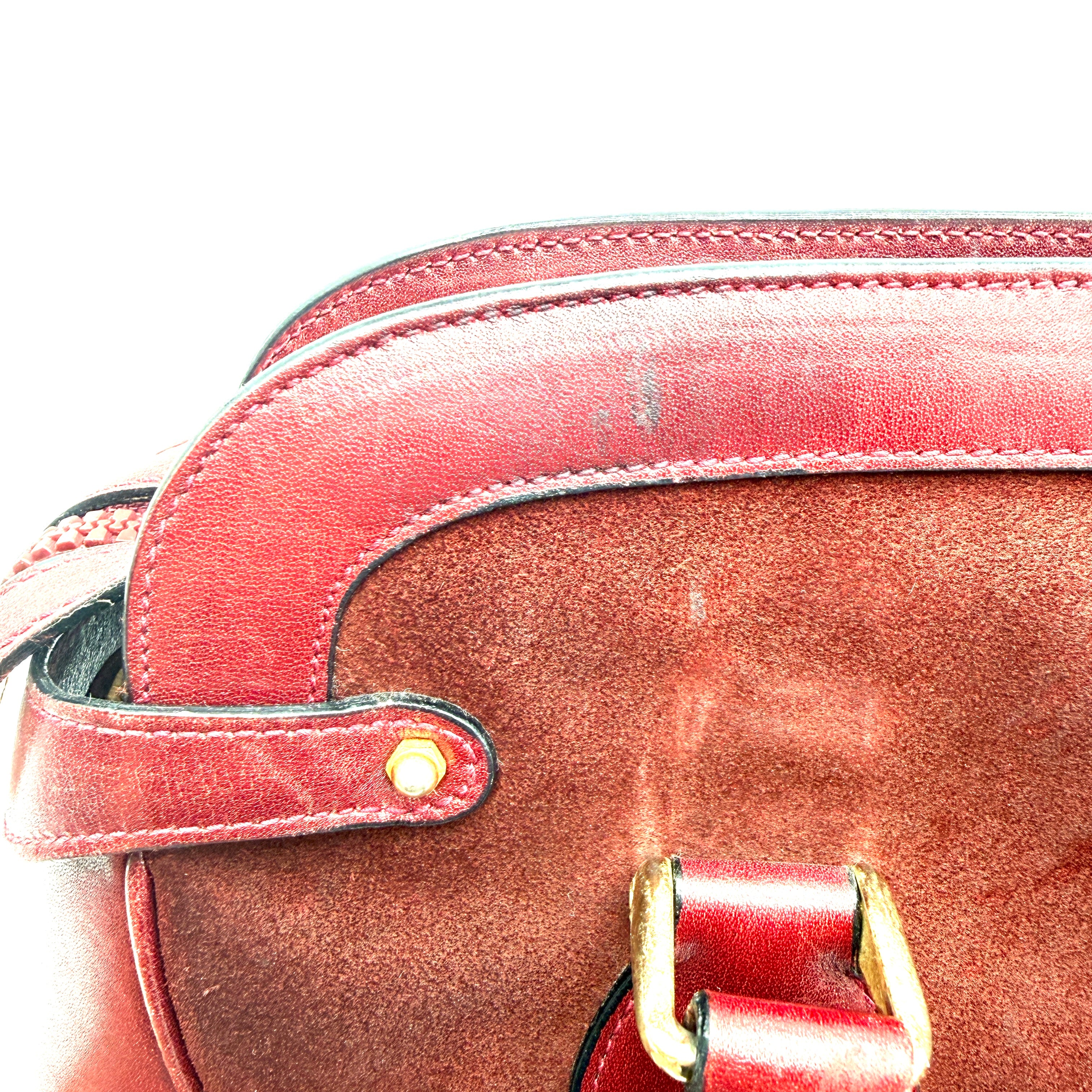 Gucci |  Vintage Burgundy Suede & Leather Top Handle Bag | Gold GG Shield Hardware