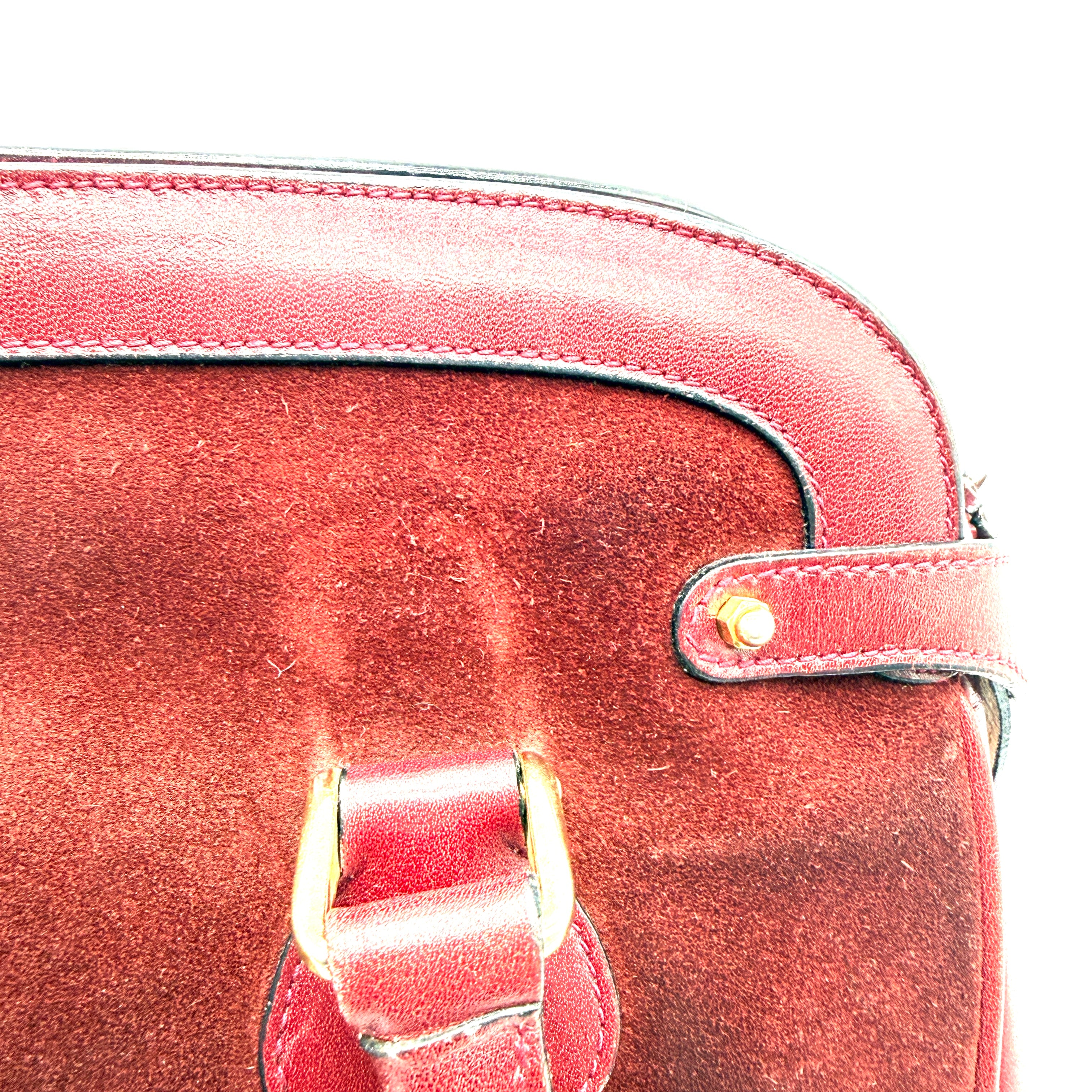 Gucci |  Vintage Burgundy Suede & Leather Top Handle Bag | Gold GG Shield Hardware