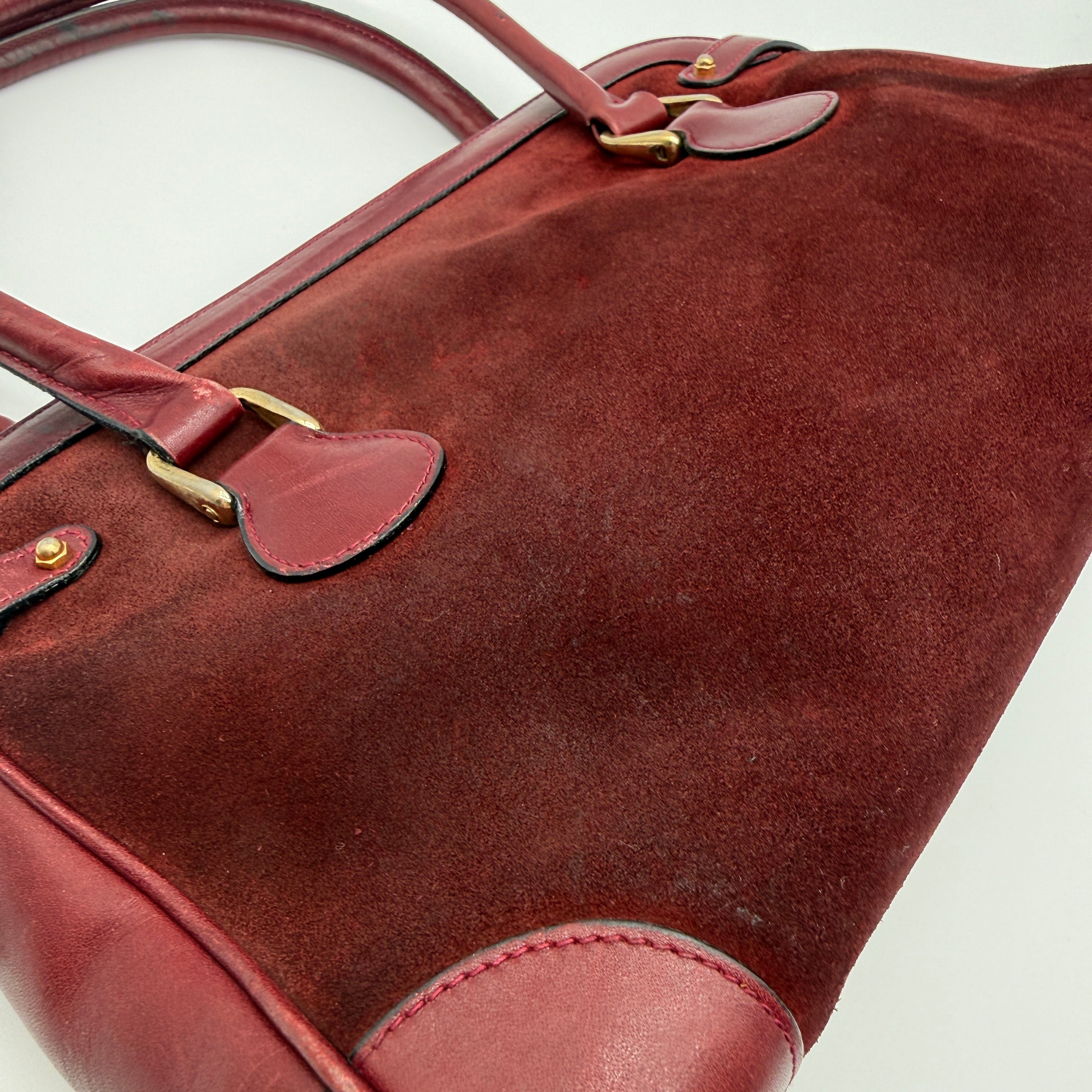 Gucci |  Vintage Burgundy Suede & Leather Top Handle Bag | Gold GG Shield Hardware