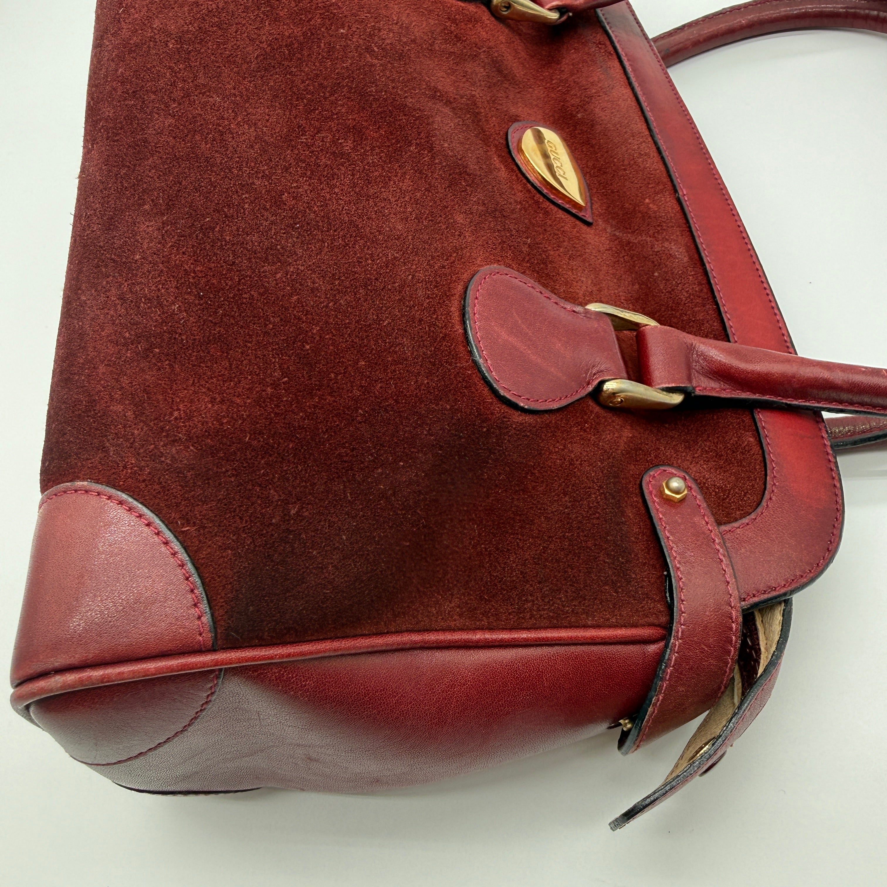 Gucci |  Vintage Burgundy Suede & Leather Top Handle Bag | Gold GG Shield Hardware