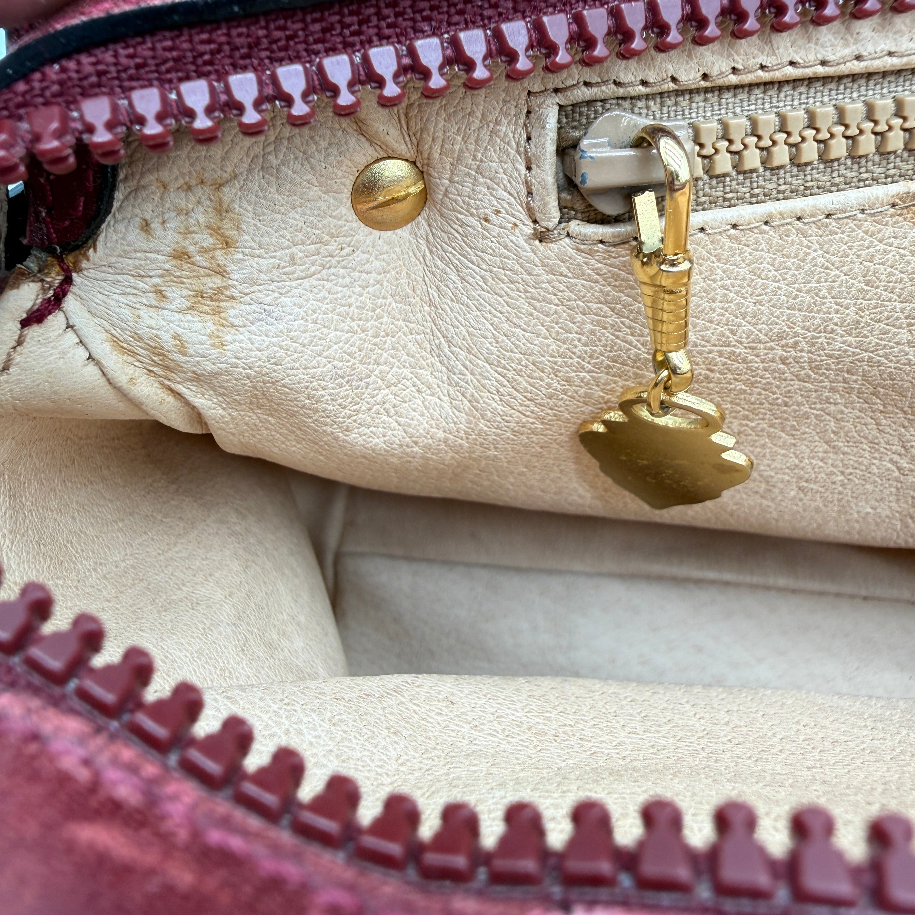 Gucci |  Vintage Burgundy Suede & Leather Top Handle Bag | Gold GG Shield Hardware