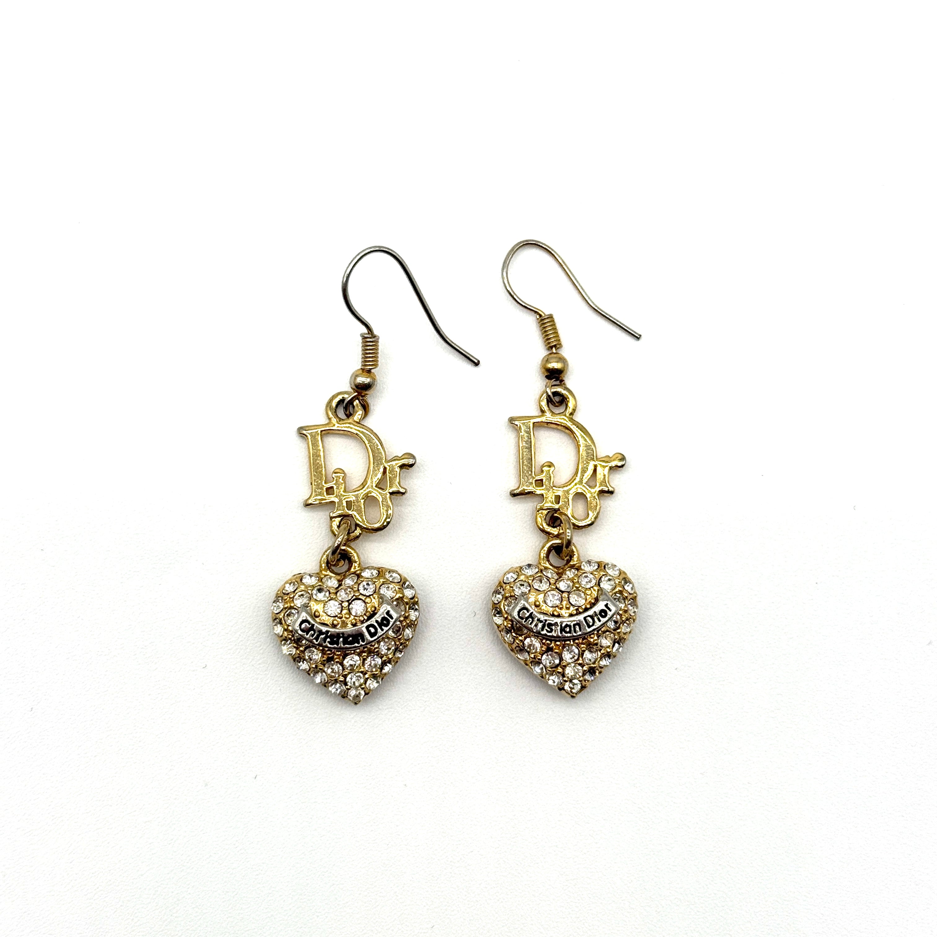 Christian Dior | Crystal Heart Drop Earrings | Gold-Tone | Hook Fastening