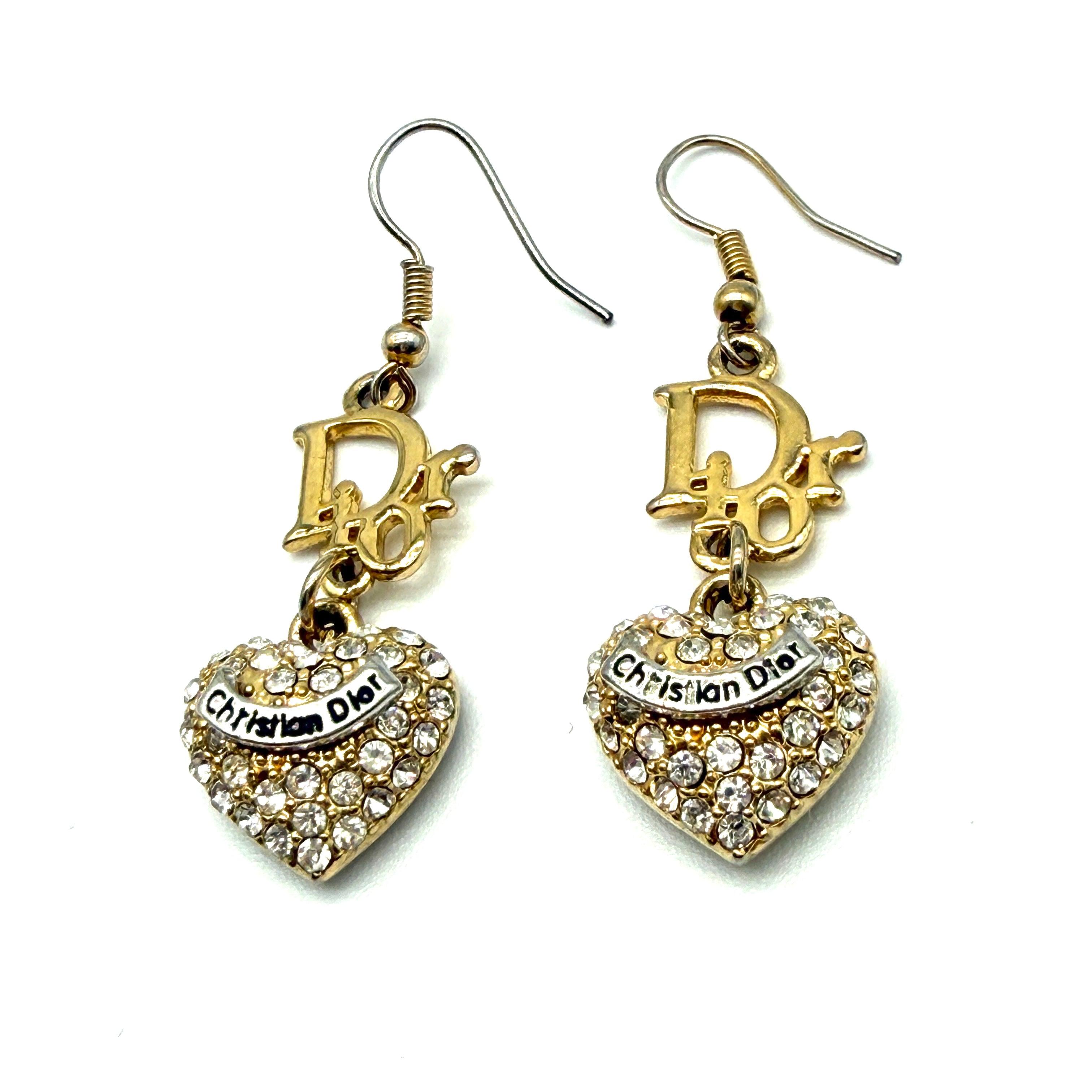 Christian Dior | Crystal Heart Drop Earrings | Gold-Tone | Hook Fastening