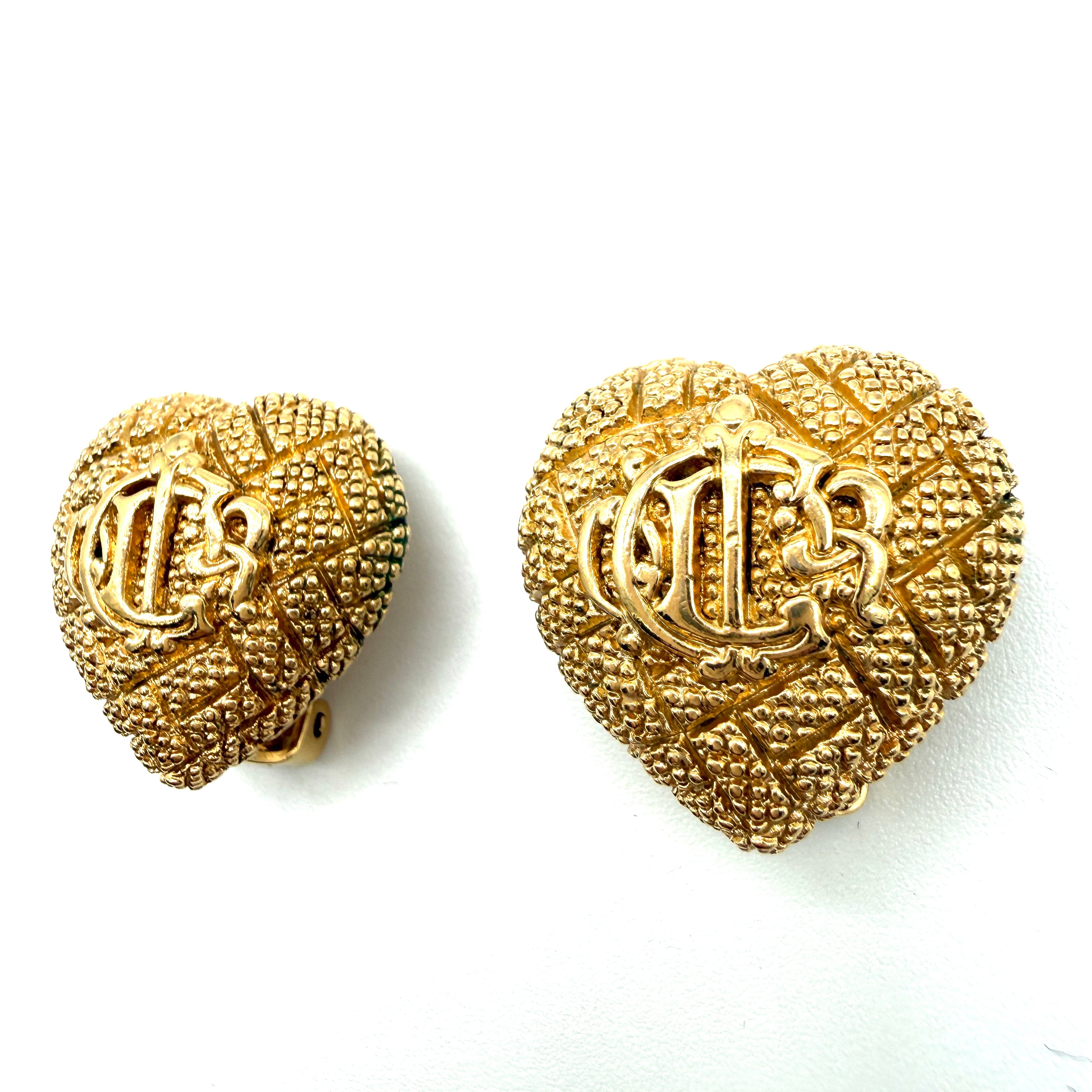 Christian Dior | Textured Heart Earrings | Gold-Tone | Clip-On