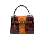 JRA | Crocodile Kelly-Style Handbag | Two-Tone Brown | Gold Hardware
