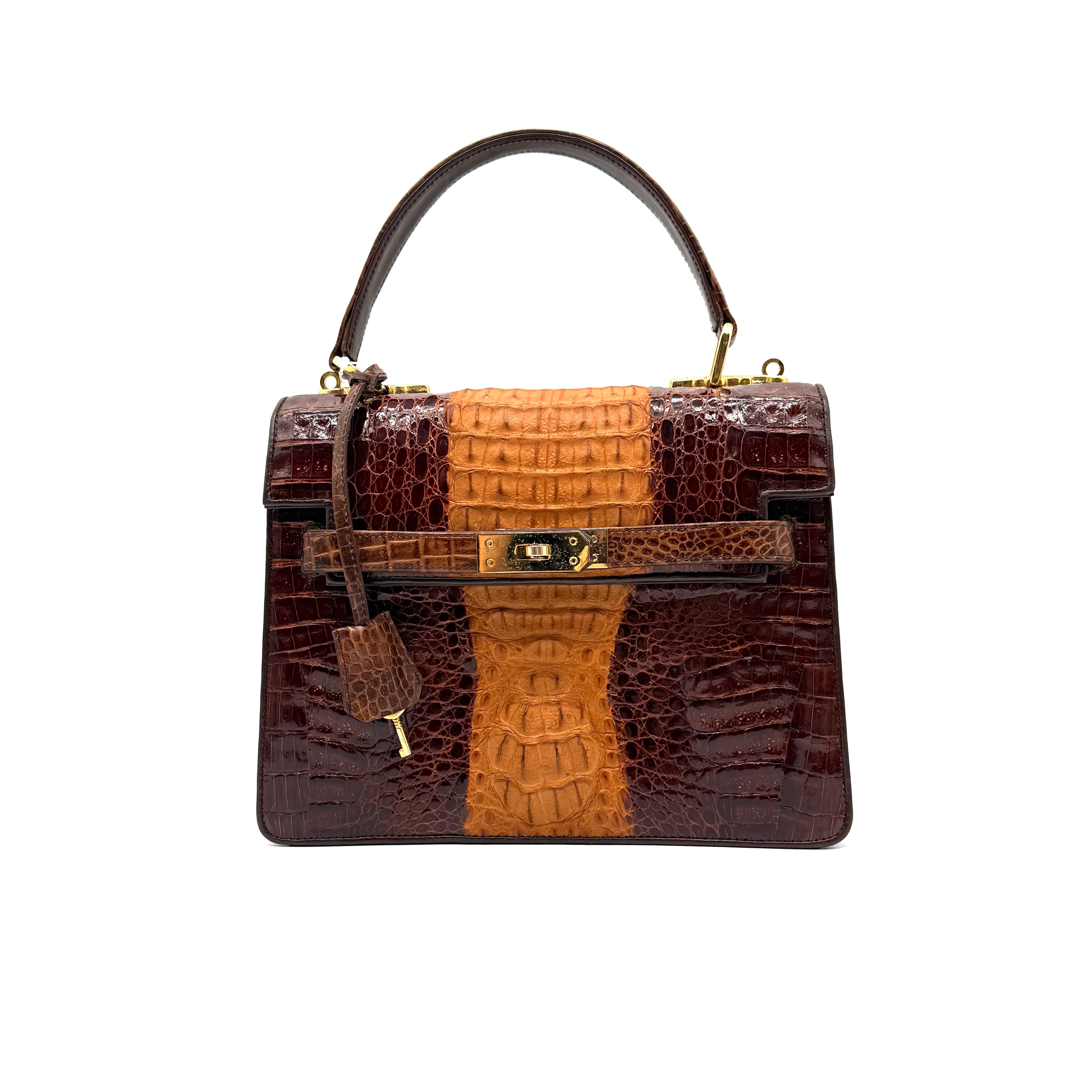 JRA | Crocodile Kelly-Style Handbag | Two-Tone Brown | Gold Hardware
