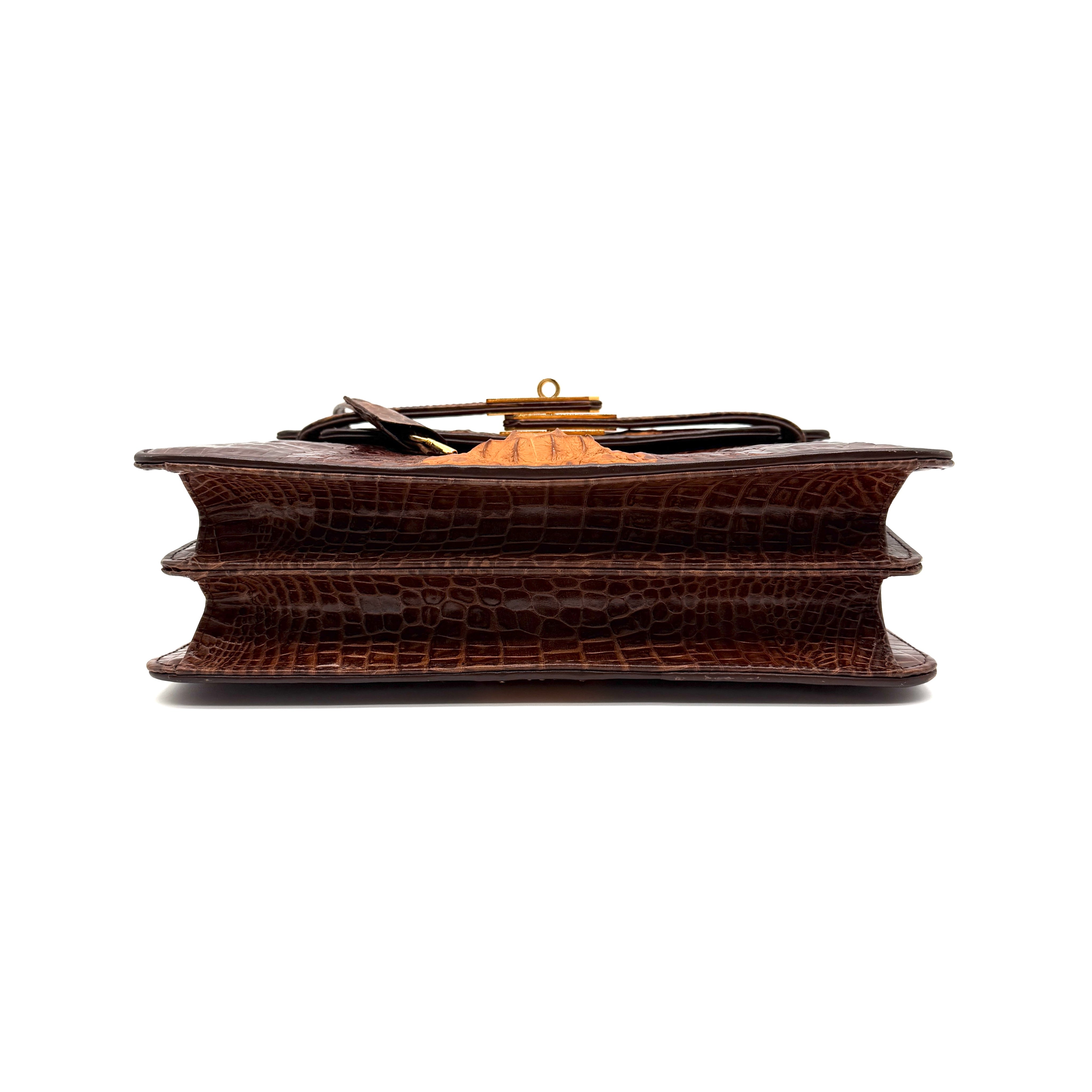 JRA | Crocodile Kelly-Style Handbag | Two-Tone Brown | Gold Hardware
