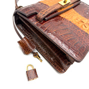 JRA | Crocodile Kelly-Style Handbag | Two-Tone Brown | Gold Hardware