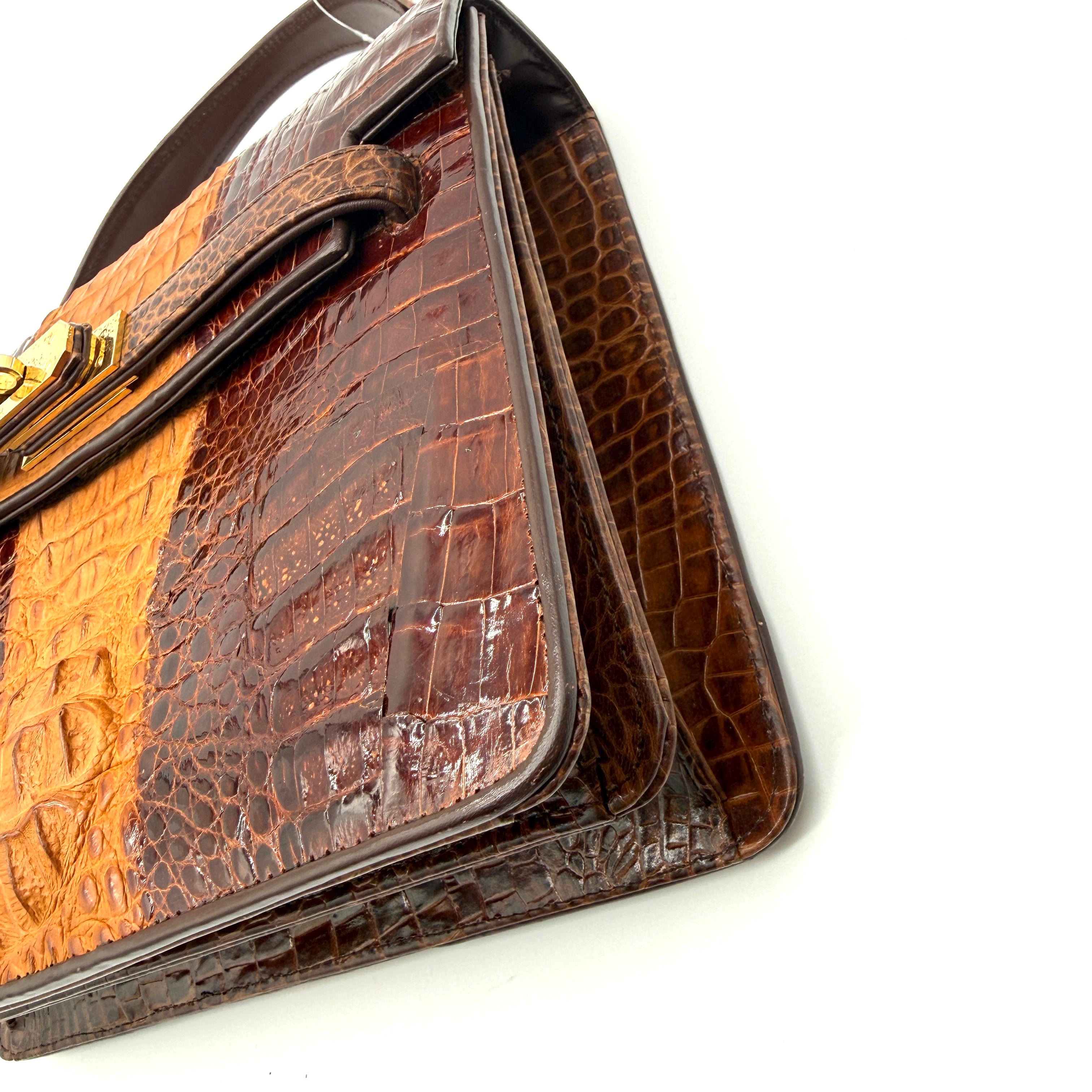 JRA | Crocodile Kelly-Style Handbag | Two-Tone Brown | Gold Hardware