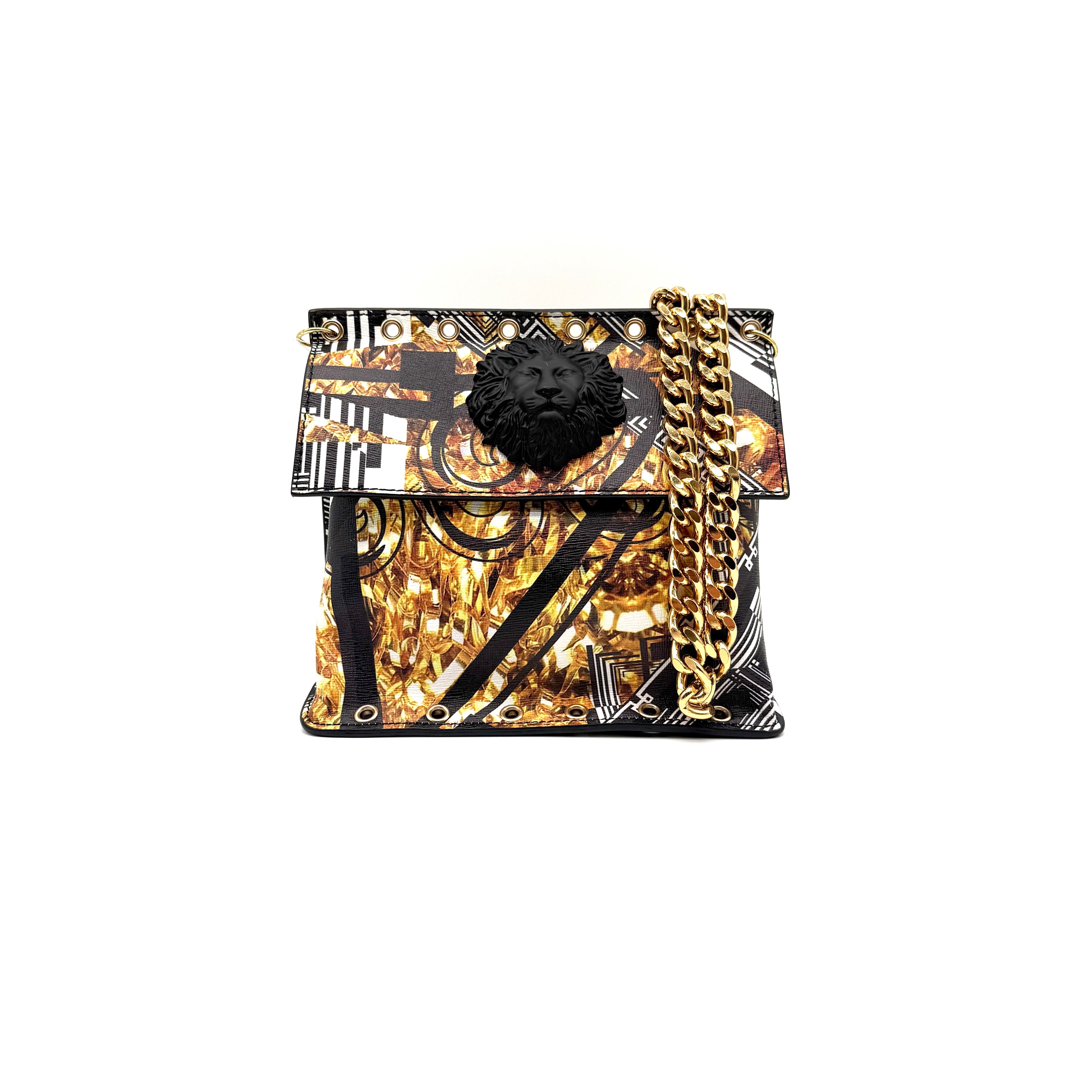 Versace | Lion Head Printed Flap Bag | Grommet Trim | Gold-Tone Chain