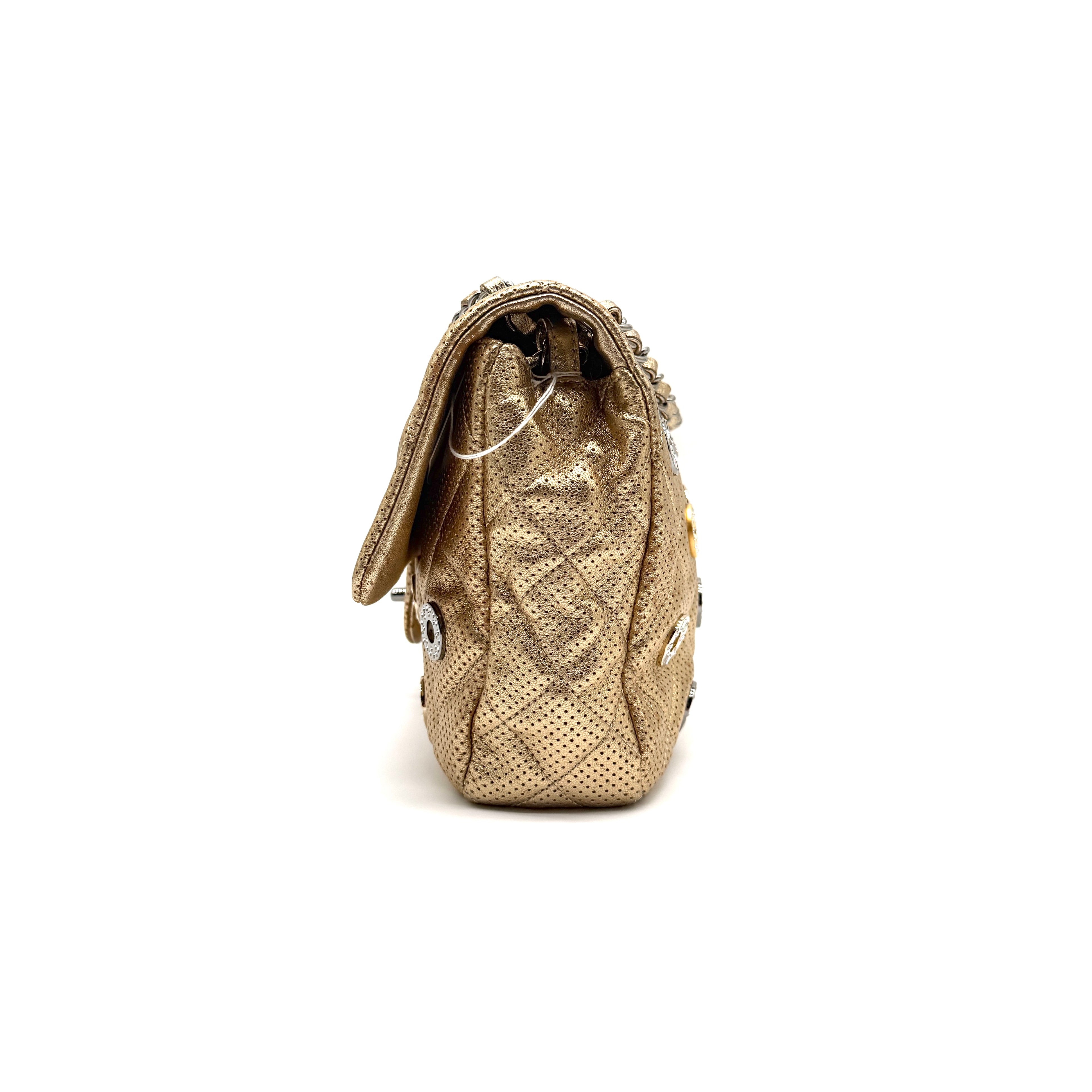 Chanel | Quilted Perforated Flap Bag | Gold Leather | Jewel Medallion Embellishments (Series 20) ~30cm)