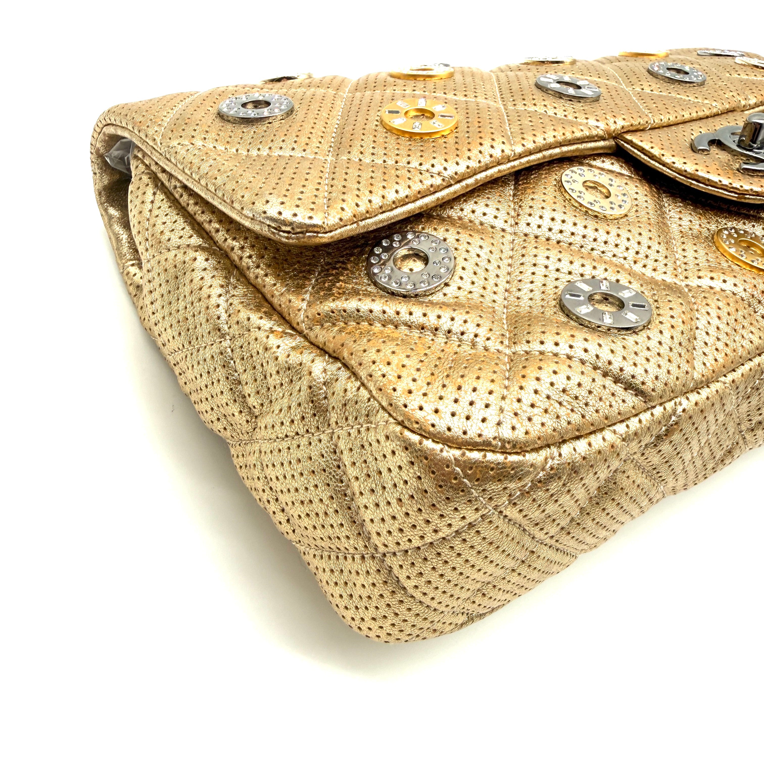 Chanel | Quilted Perforated Flap Bag | Gold Leather | Jewel Medallion Embellishments (Series 20) ~30cm)