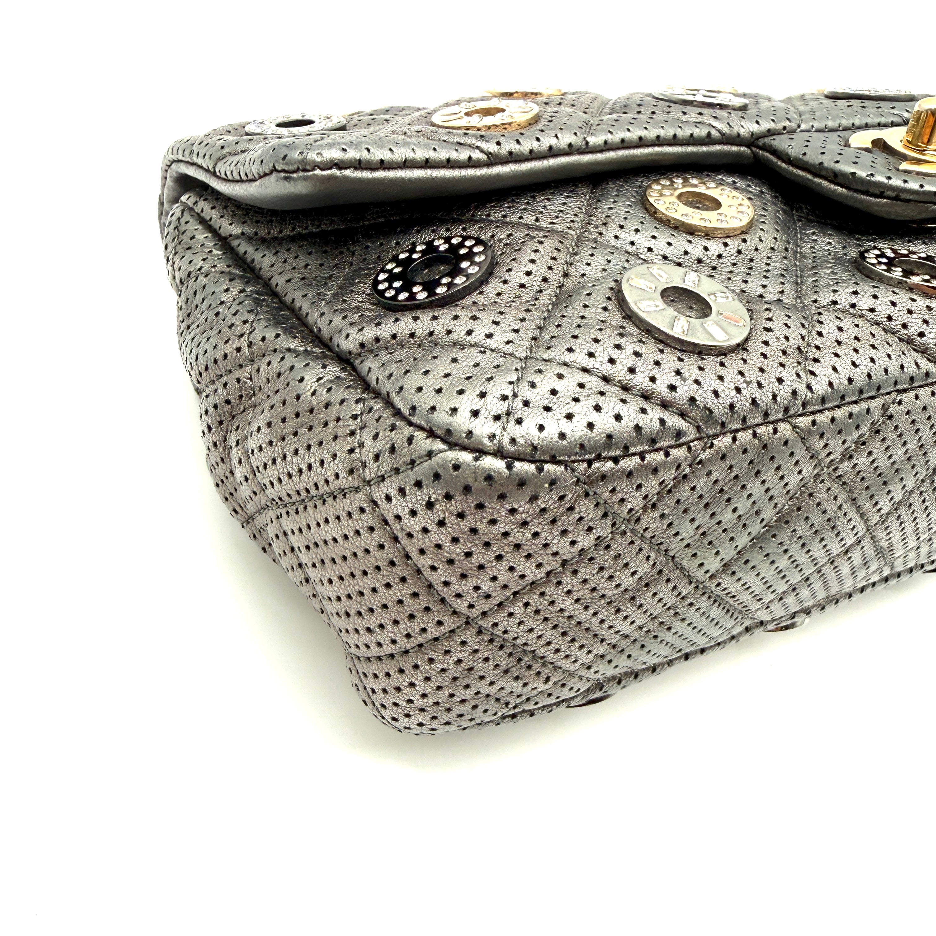 Chanel | Quilted Perforated Flap Bag | Gunmetal Leather | Jewel Medallion Embellishments | Series 20 (~25cm)