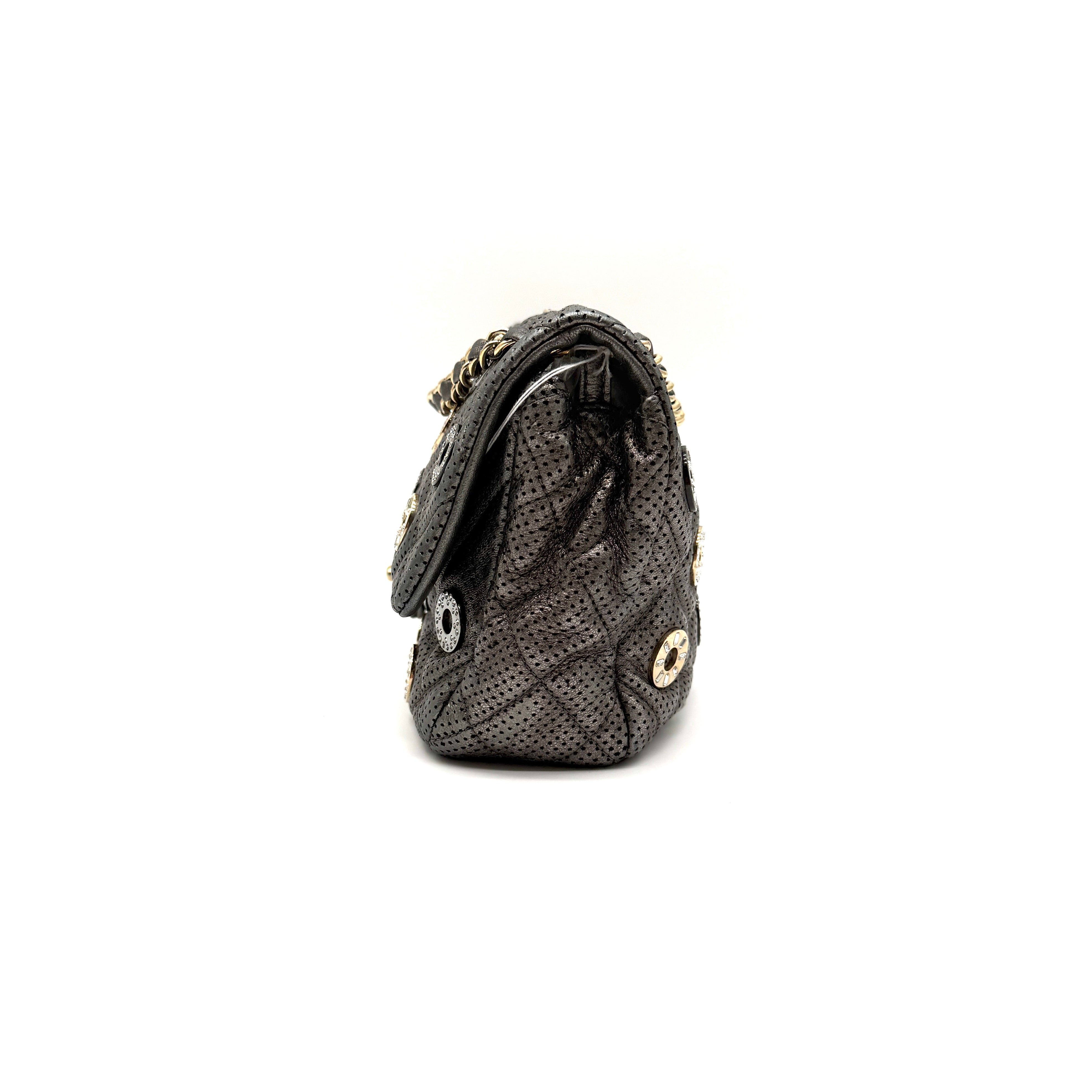 Chanel | Quilted Perforated Flap Bag | Gunmetal Leather | Jewel Medallion Embellishments | Series 20 (~25cm)