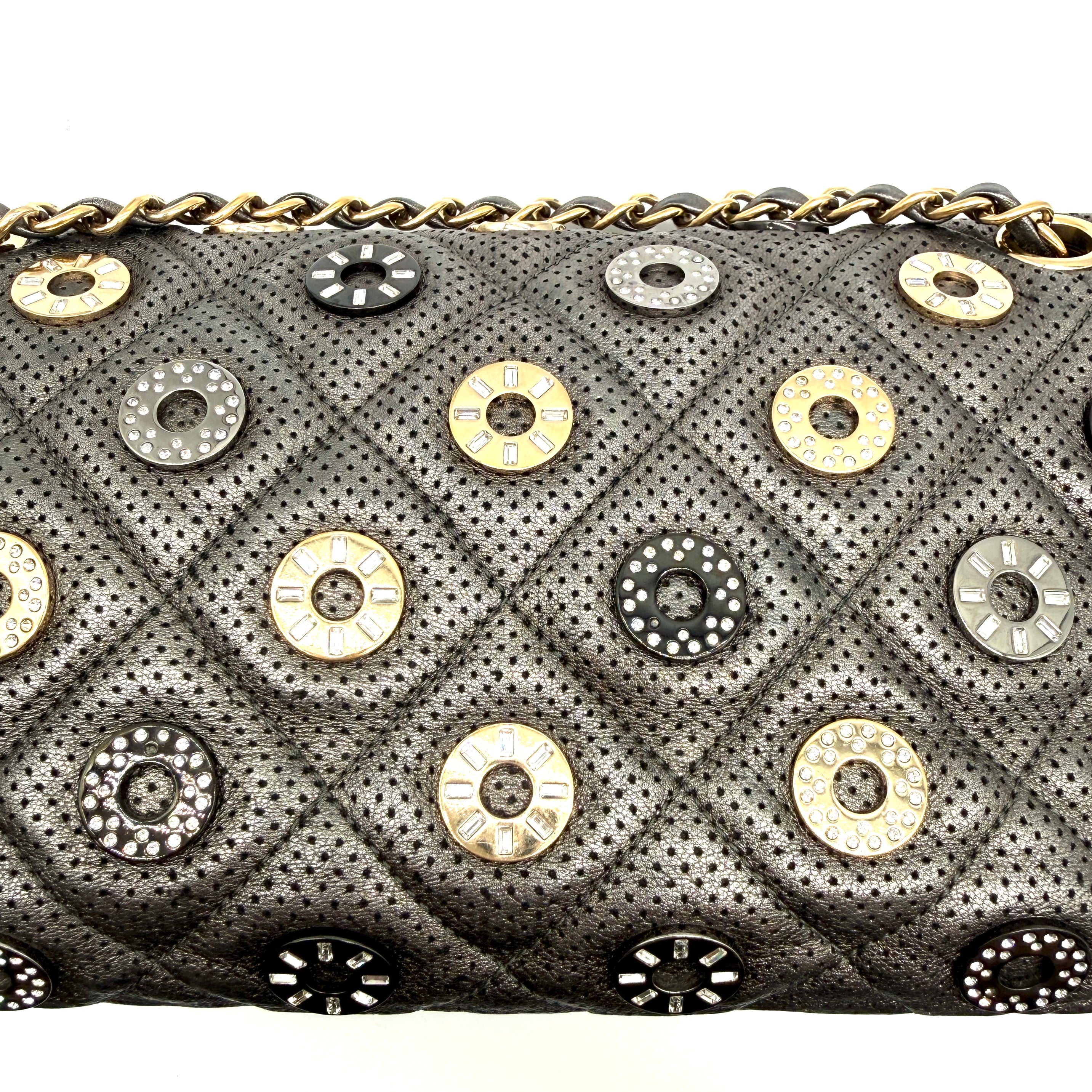 Chanel | Quilted Perforated Flap Bag | Gunmetal Leather | Jewel Medallion Embellishments | Series 20 (~25cm)