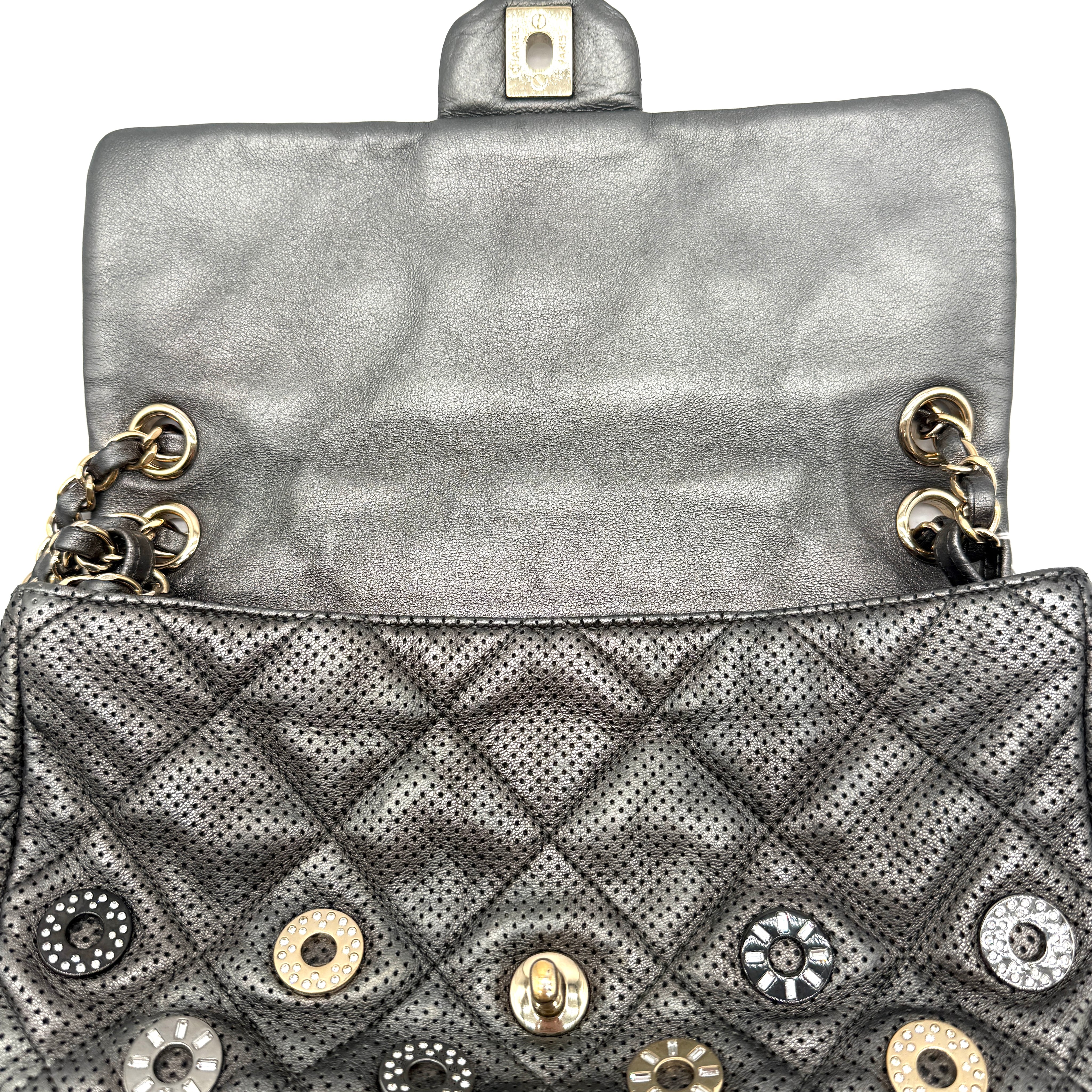Chanel | Quilted Perforated Flap Bag | Gunmetal Leather | Jewel Medallion Embellishments | Series 20 (~25cm)