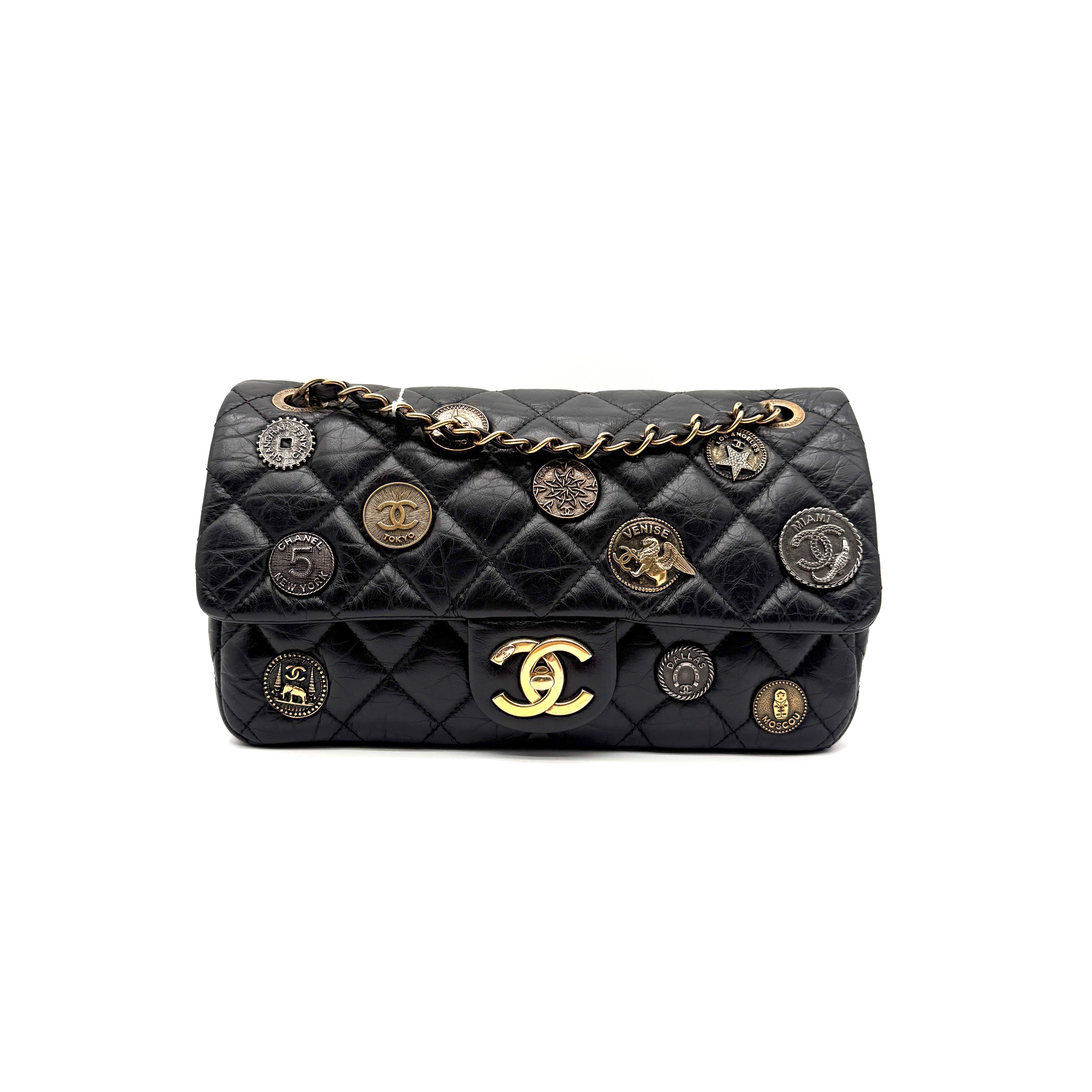 Chanel | Quilted "Around the World" Coin Flap Bag | Black Aged Calfskin | Gold & Silver-Tone Hardware | Series 20 (~25cm)