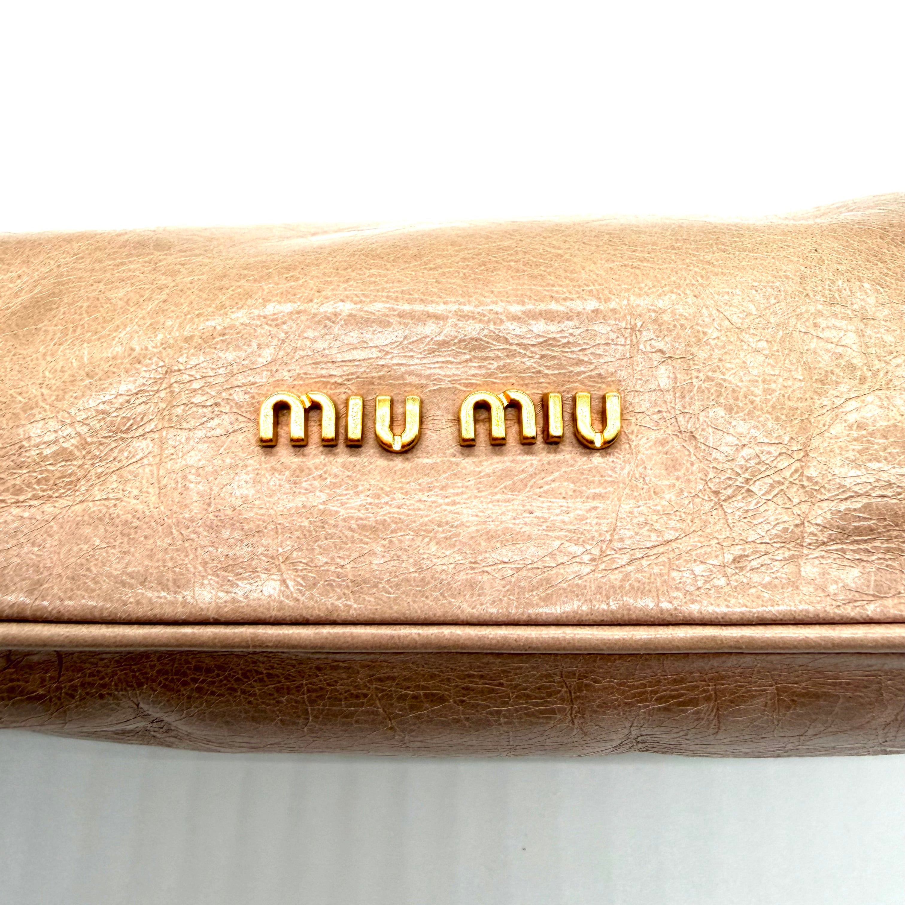 Miu Miu Gathered Leather Clutch | Metallic Blush Pink | Gold-Tone Hardware
