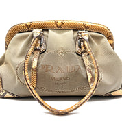 Prada | Logo Jacquard Frame Bag | Beige Canvas and Python | Silver-Tone Hardware