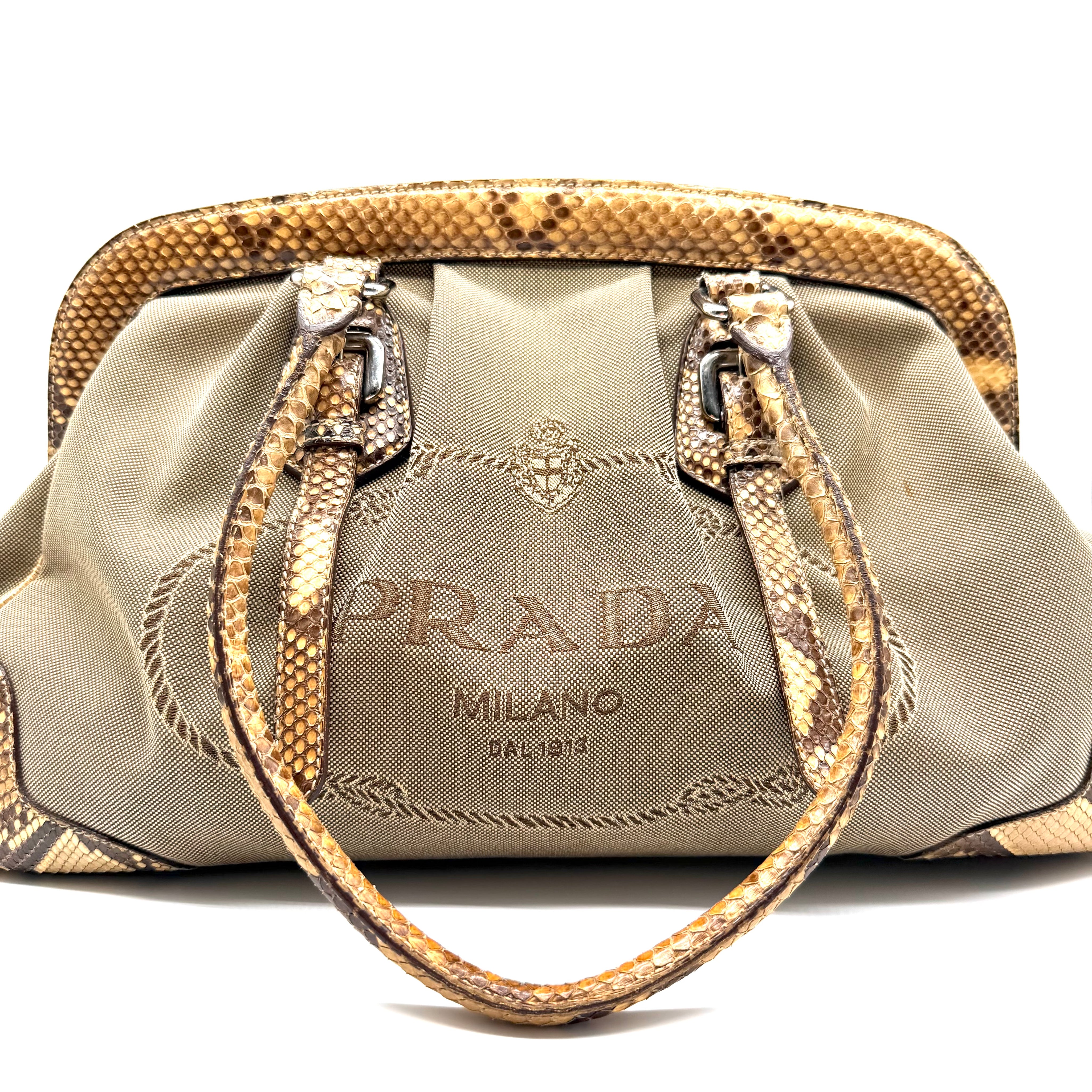 Prada | Logo Jacquard Frame Bag | Beige Canvas and Python | Silver-Tone Hardware