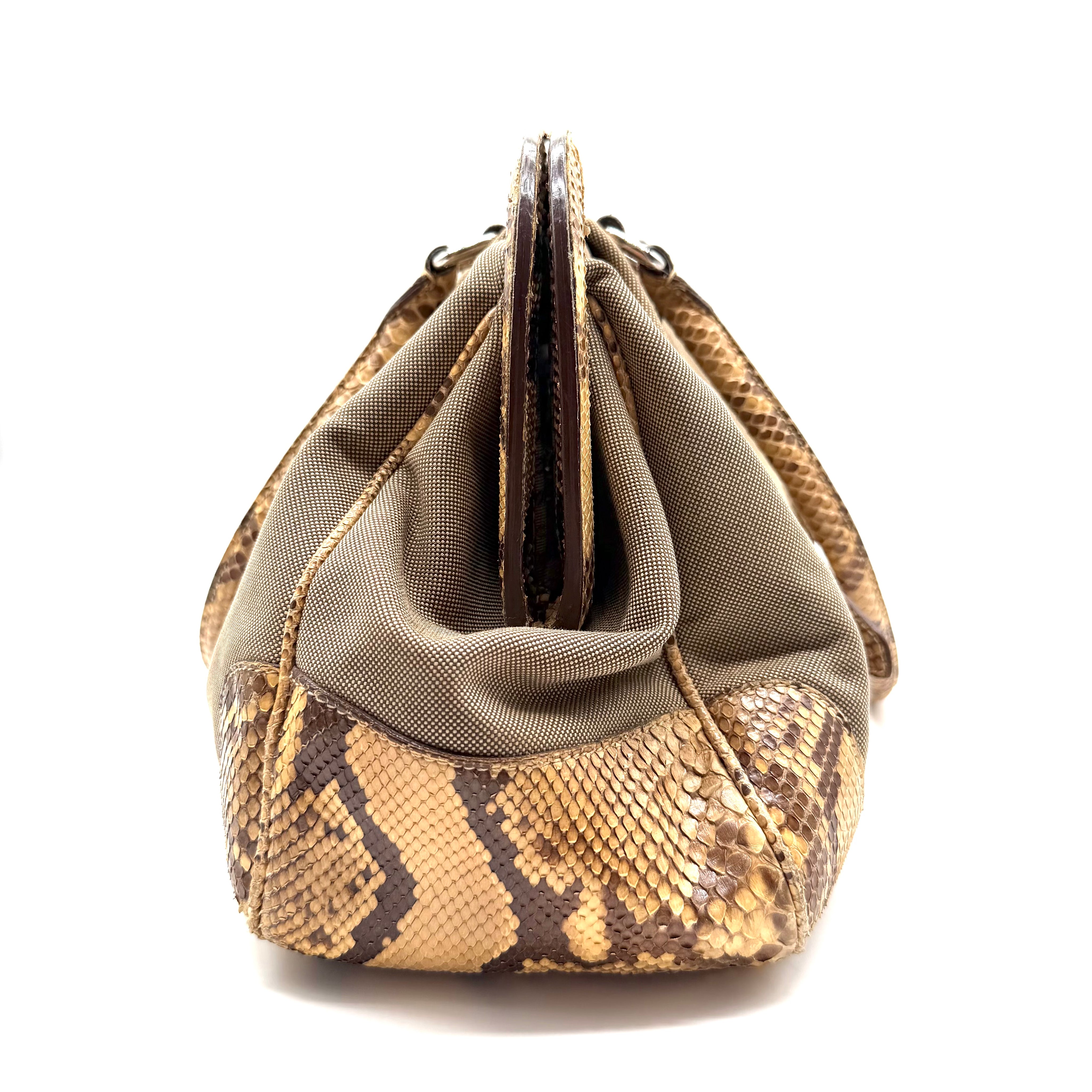 Prada | Logo Jacquard Frame Bag | Beige Canvas and Python | Silver-Tone Hardware