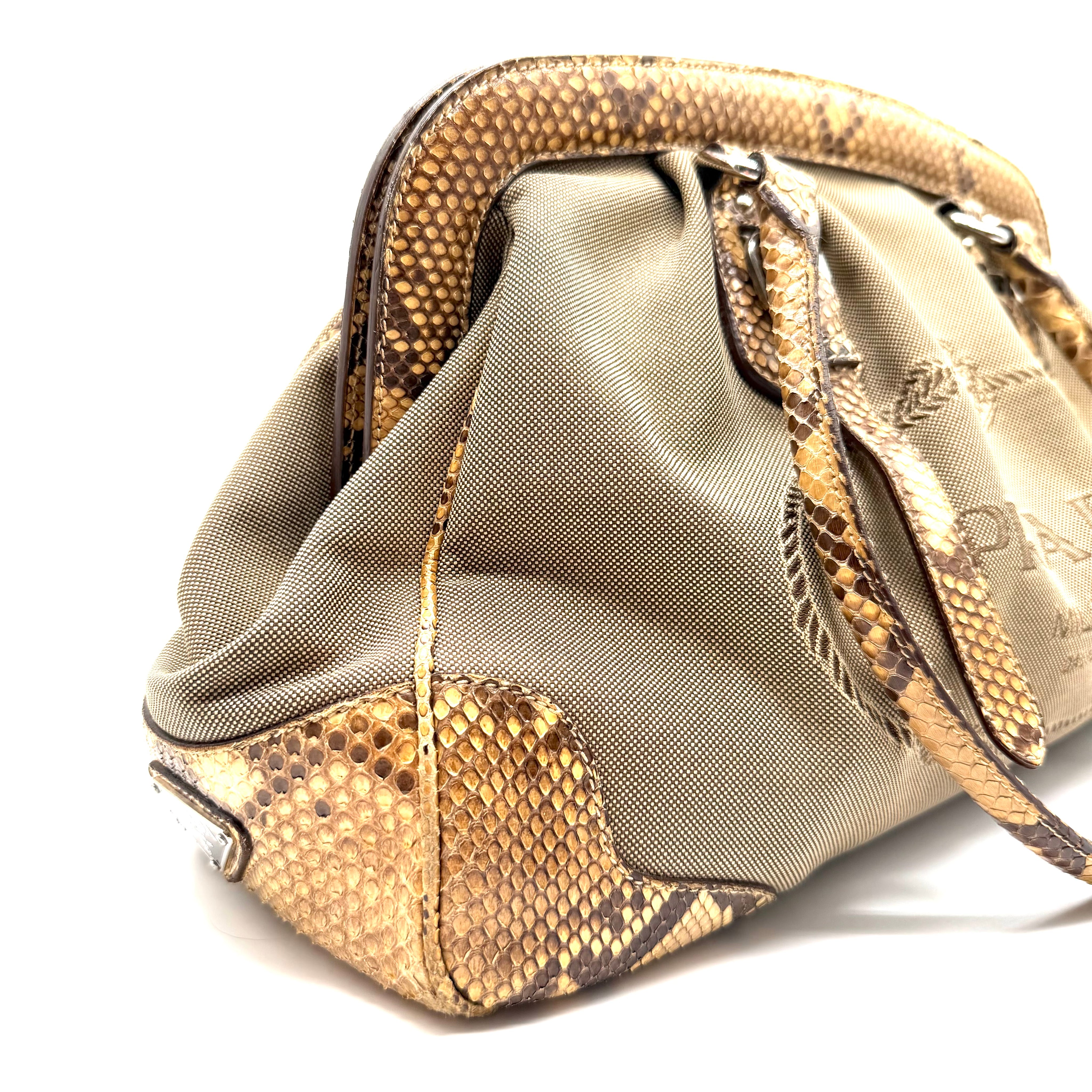 Prada | Logo Jacquard Frame Bag | Beige Canvas and Python | Silver-Tone Hardware