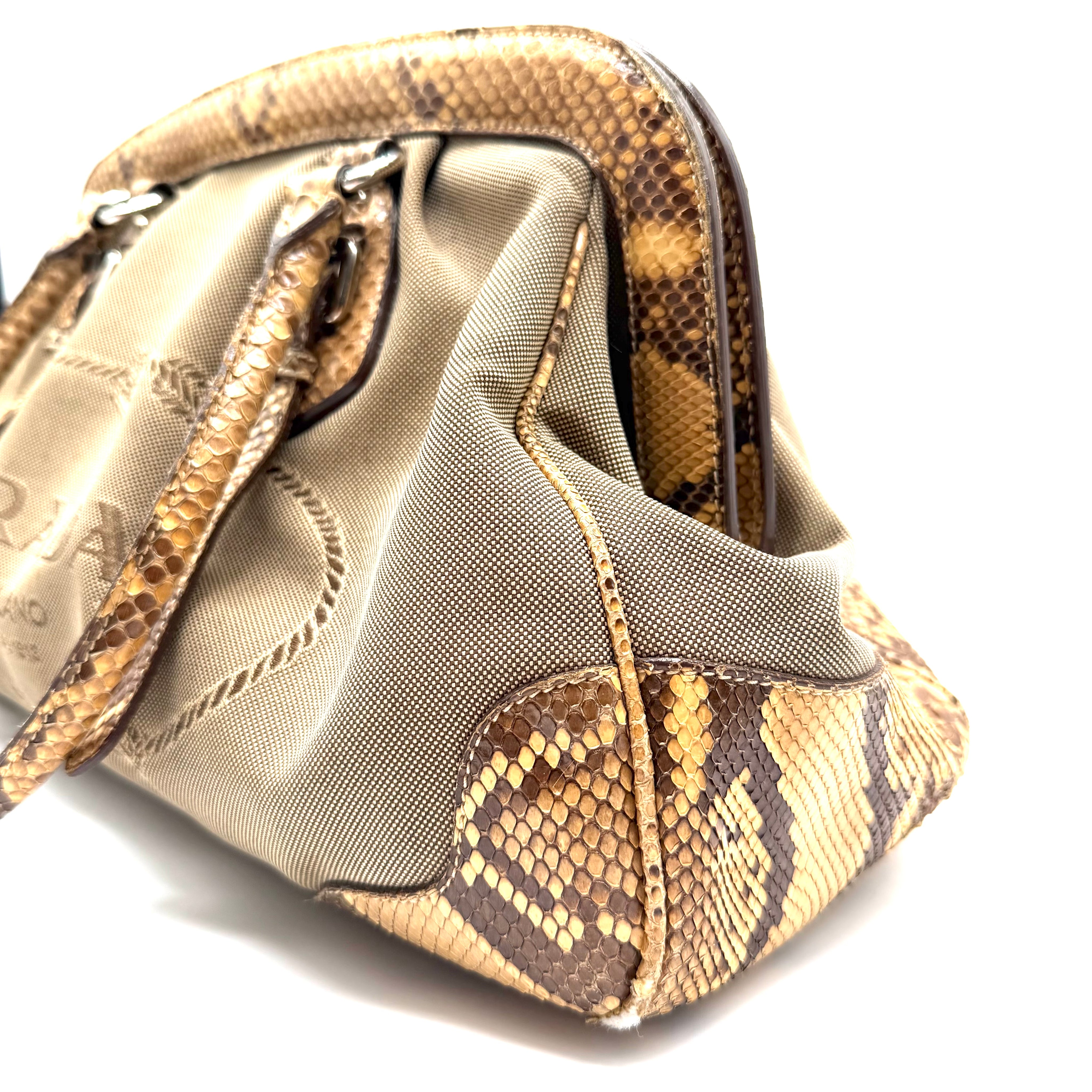 Prada | Logo Jacquard Frame Bag | Beige Canvas and Python | Silver-Tone Hardware