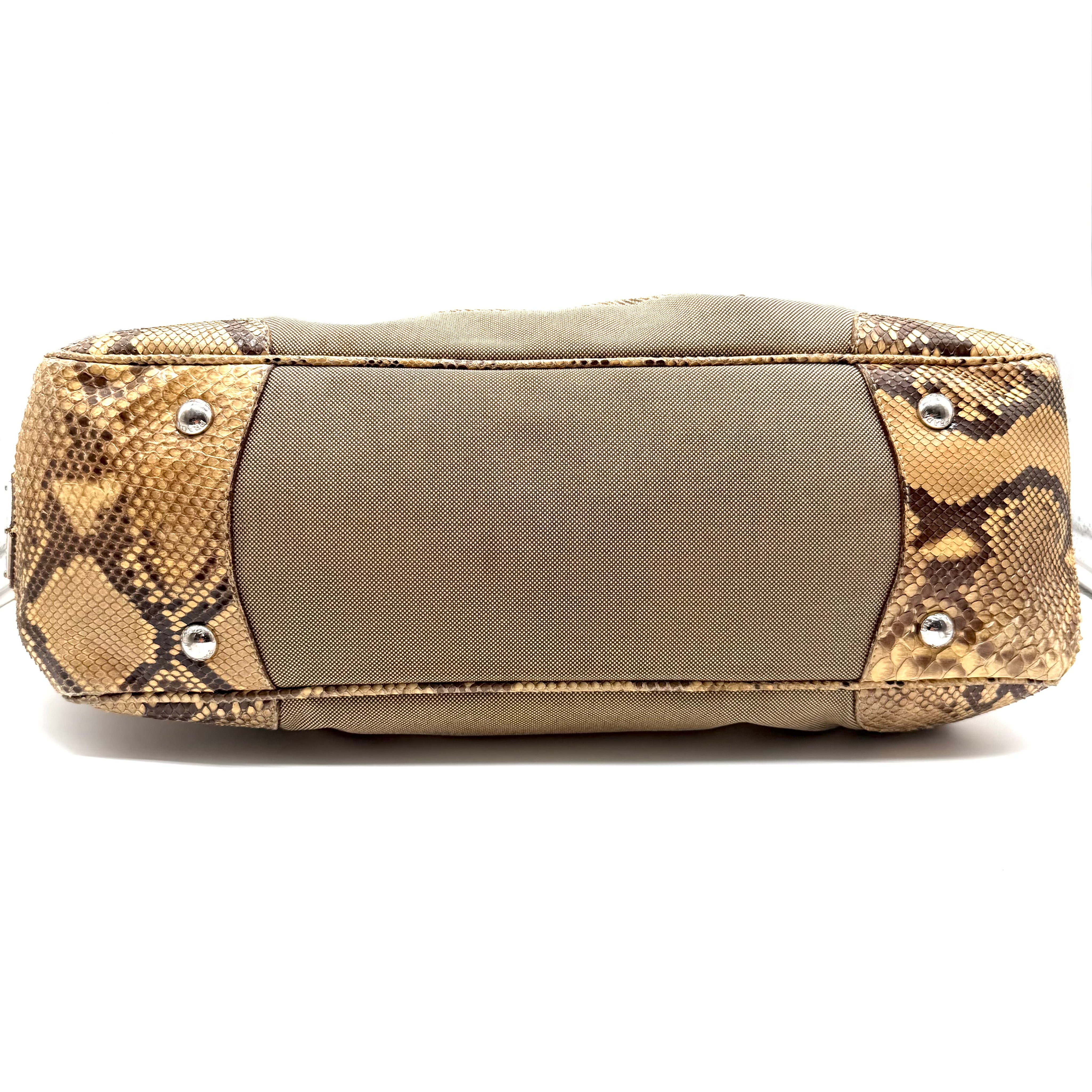 Prada | Logo Jacquard Frame Bag | Beige Canvas and Python | Silver-Tone Hardware