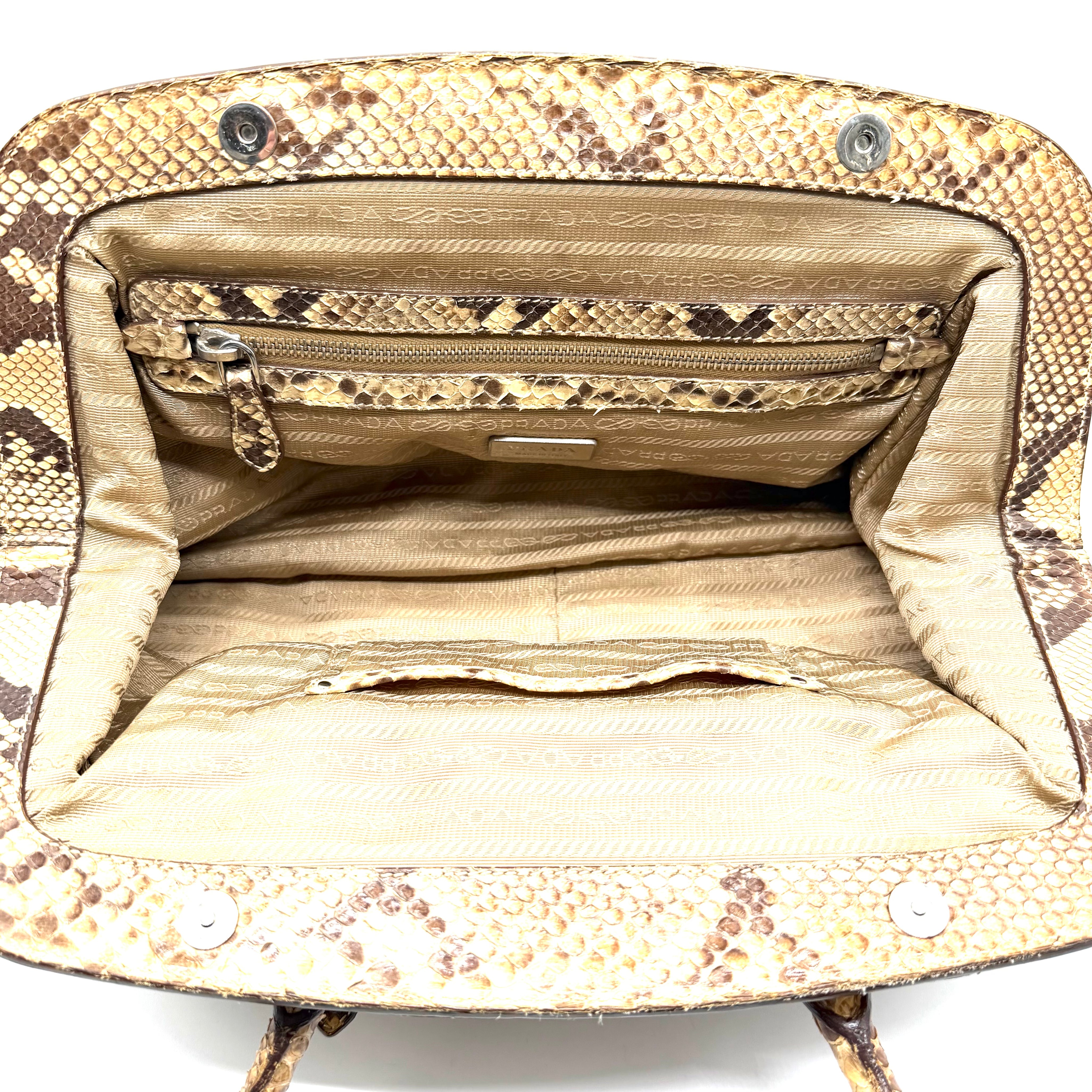 Prada | Logo Jacquard Frame Bag | Beige Canvas and Python | Silver-Tone Hardware