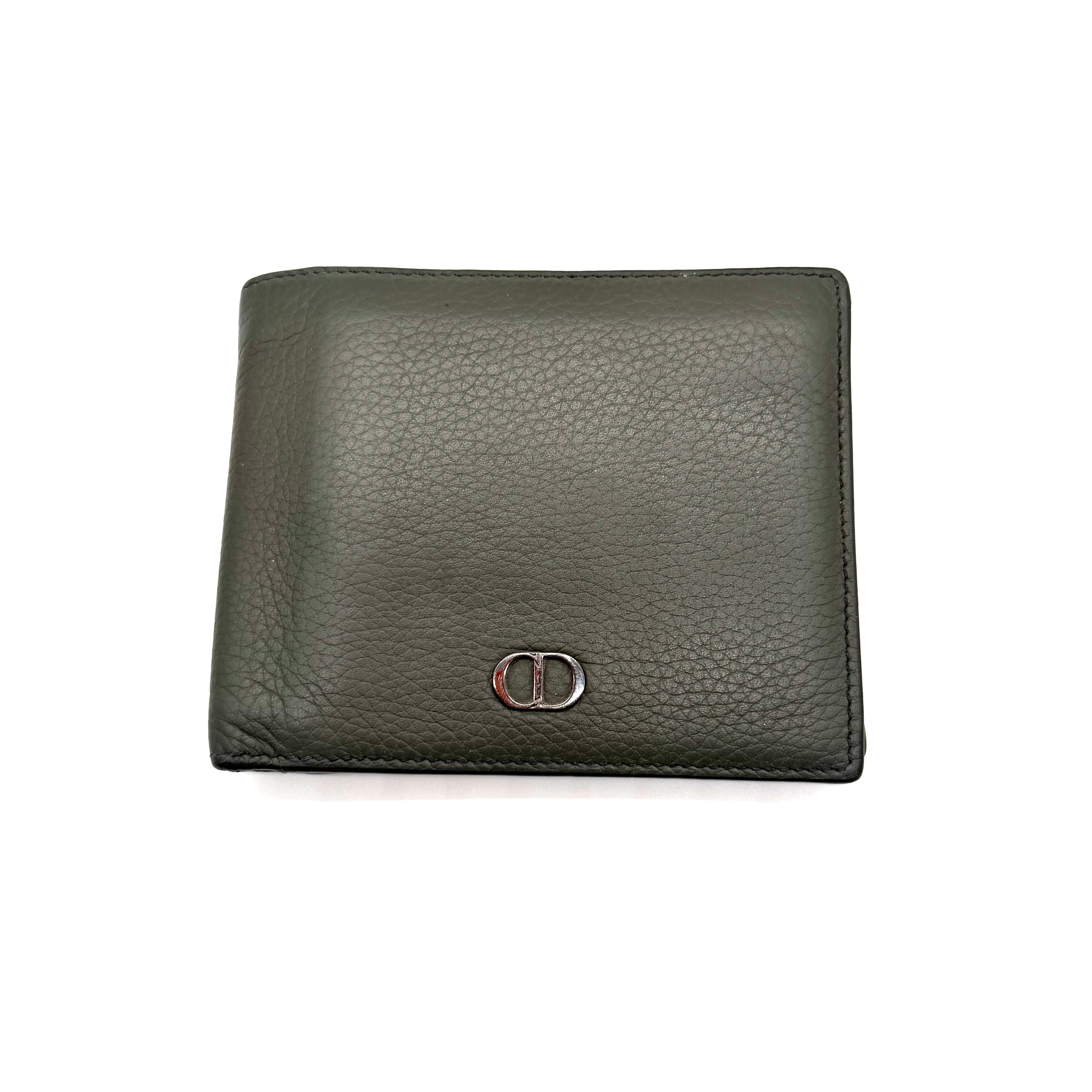 Dior | CD Icon Bifold Wallet with Coin Pocket | Khaki Grained Leather | Silver-Tone Hardware